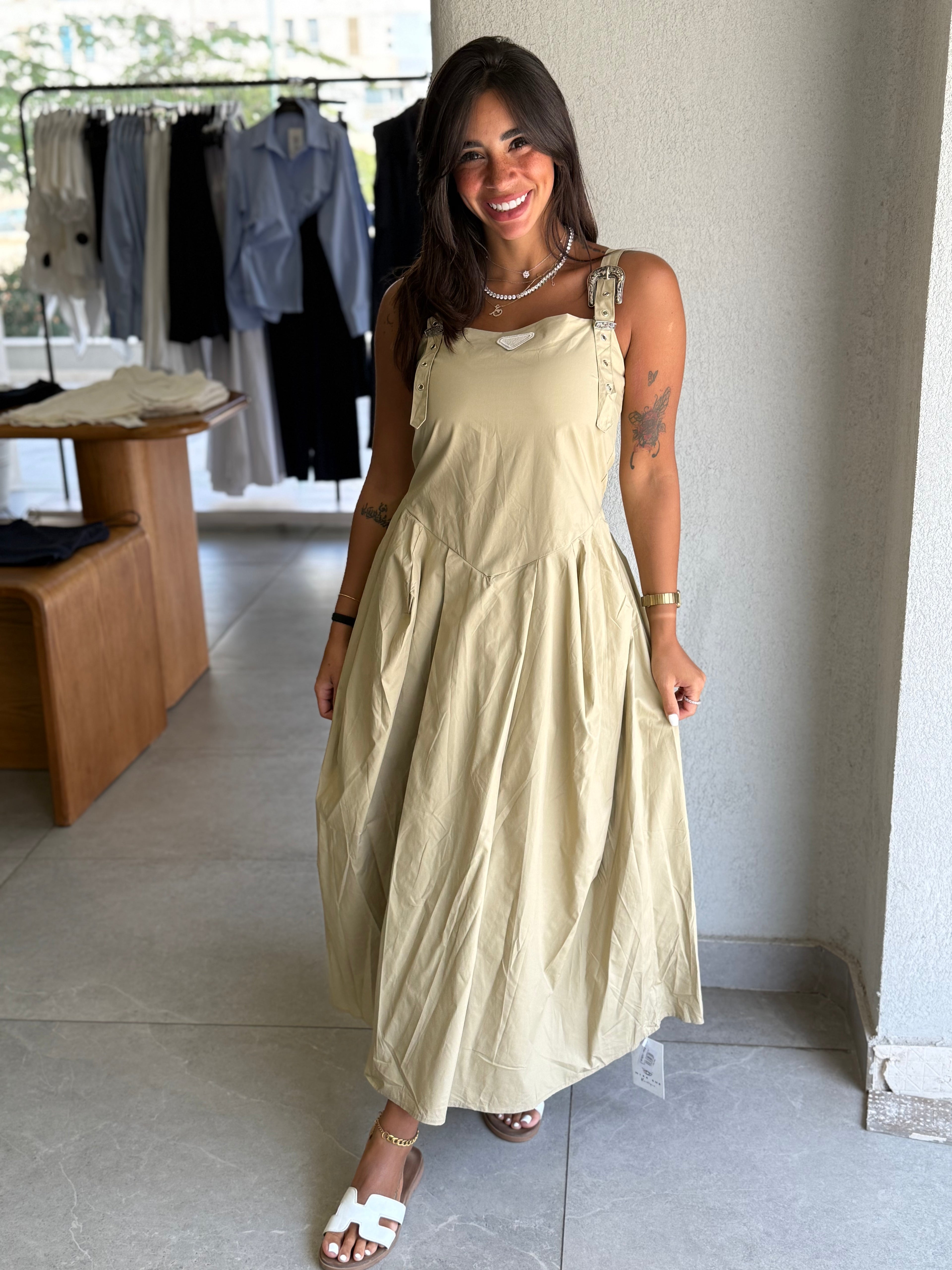 Flowy Gathered Dress - Beige