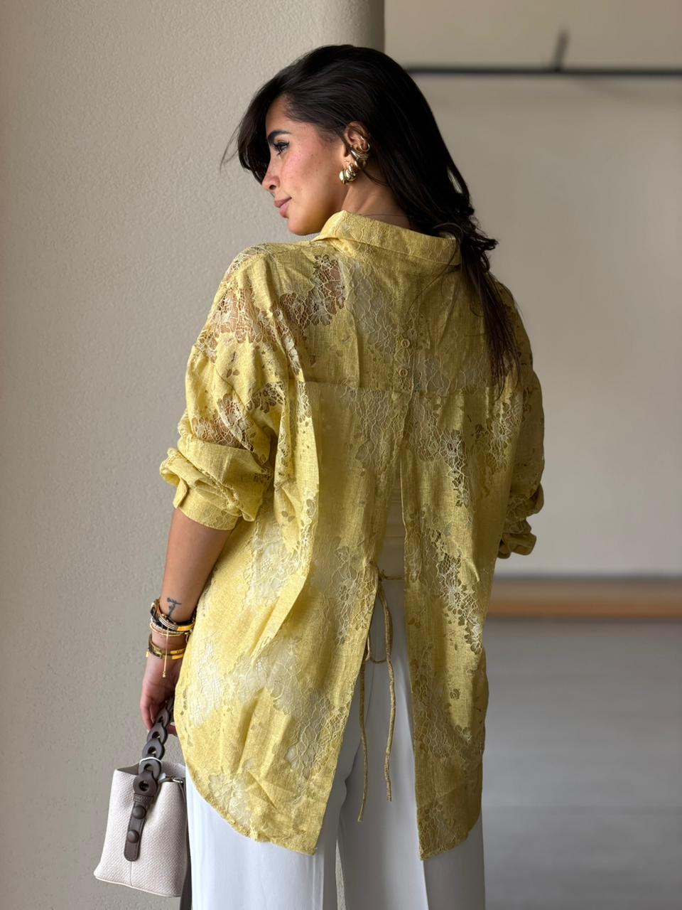 Open Back Lace Shirt -Lime green