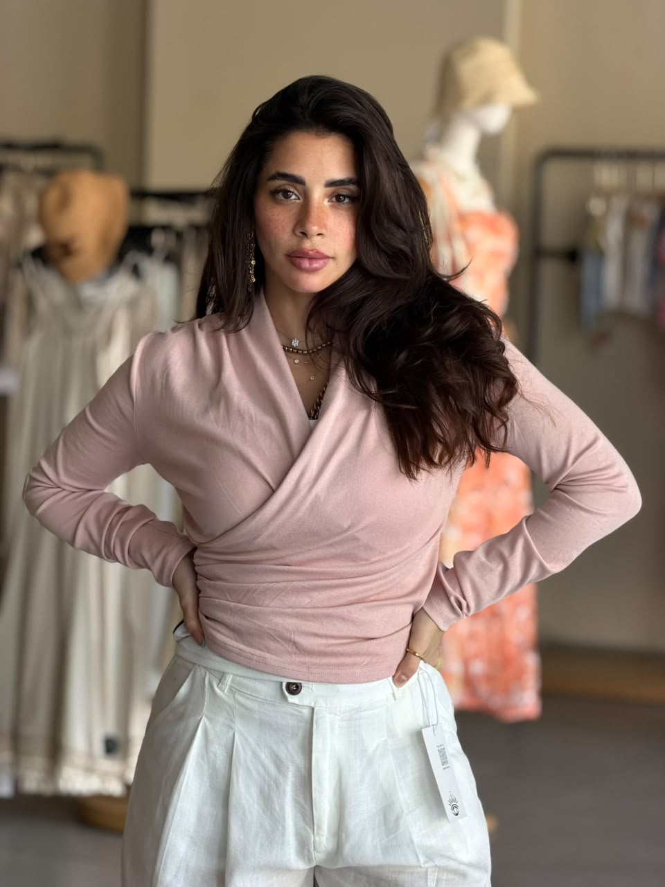 Pink long-sleeved wrap top