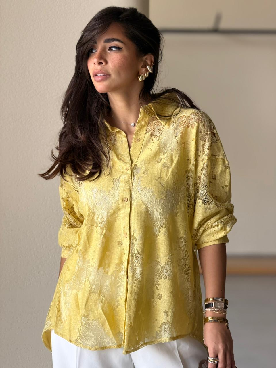 Open Back Lace Shirt -Lime green