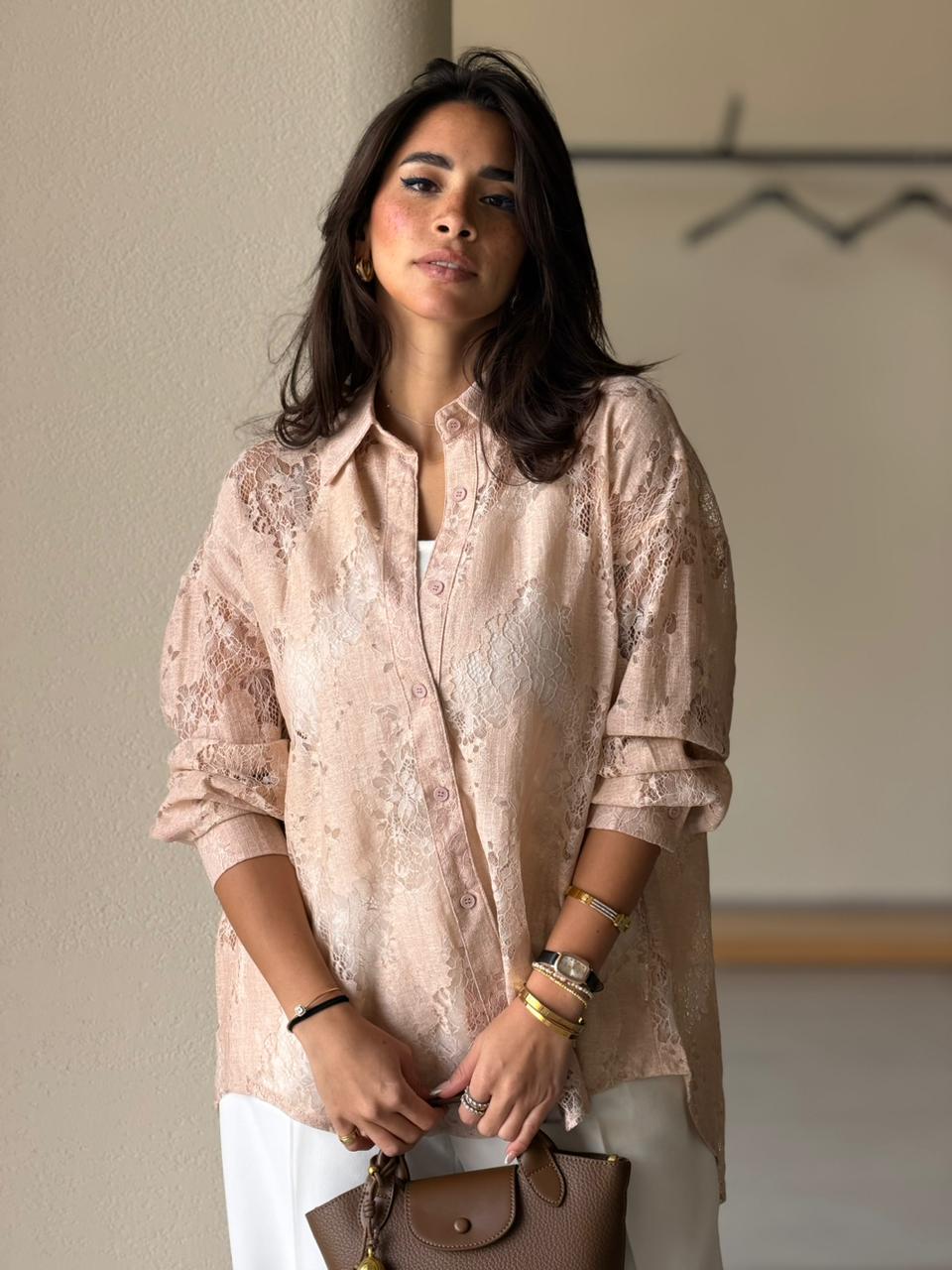 Open Back Lace Shirt - Baby pink