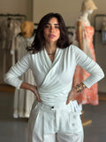 White long-sleeved wrap top