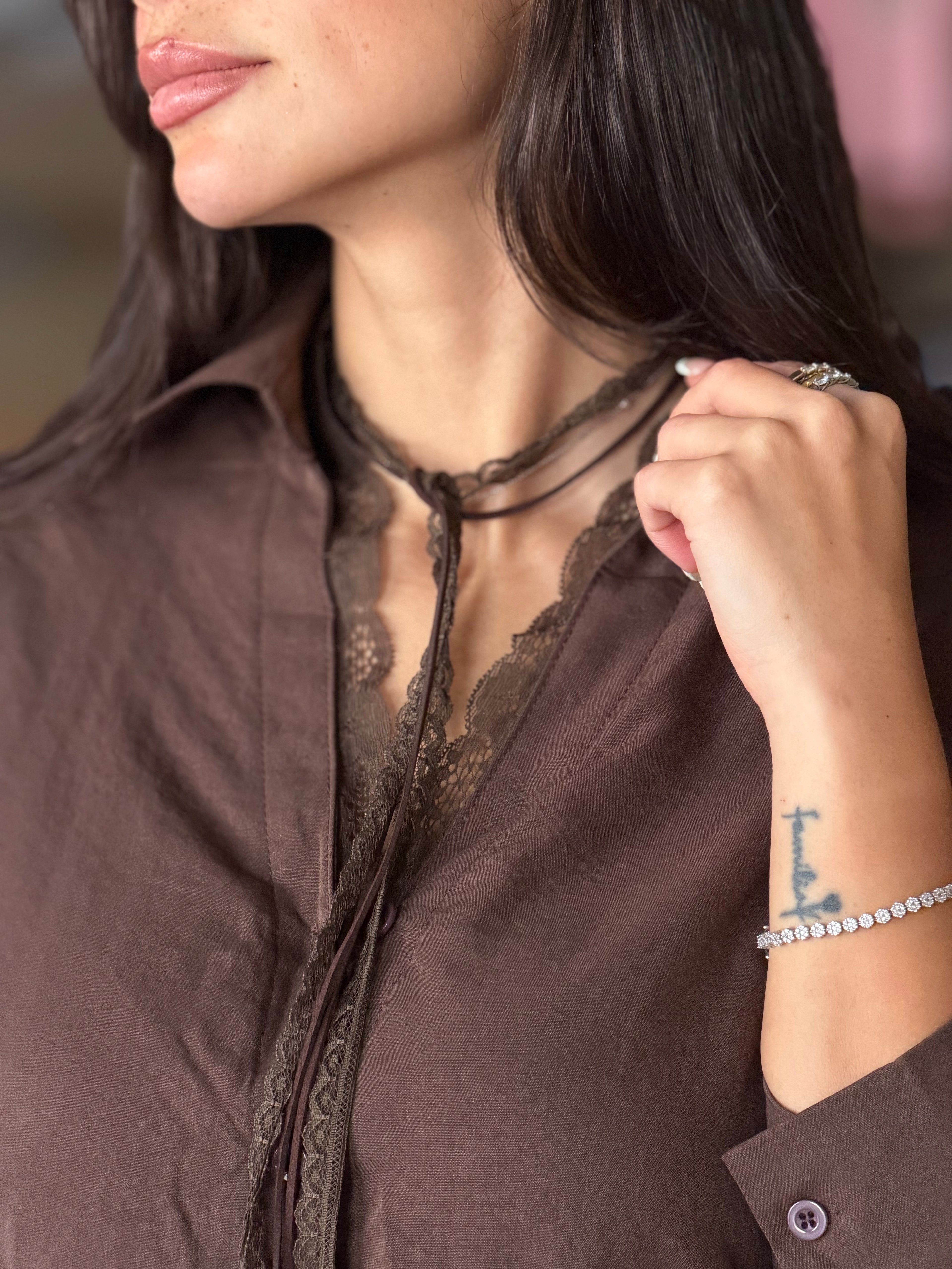 Shirt with lace detail - Brown
