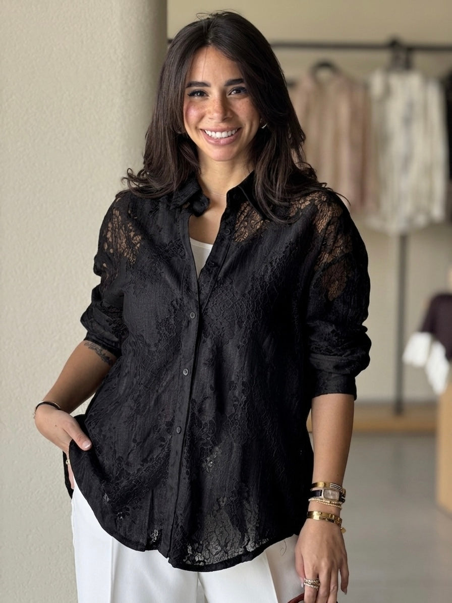 Open Back Lace Shirt - Black