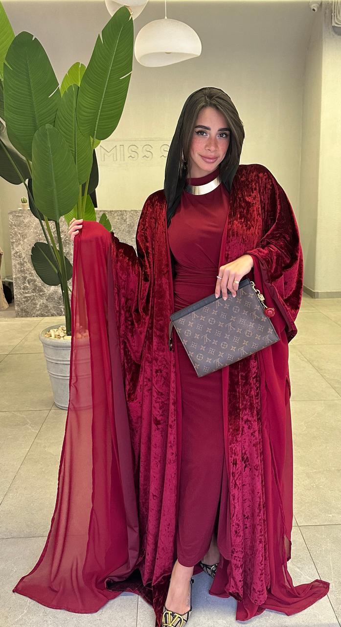 Wide Sleeves Velvet Abaya - Burgundy