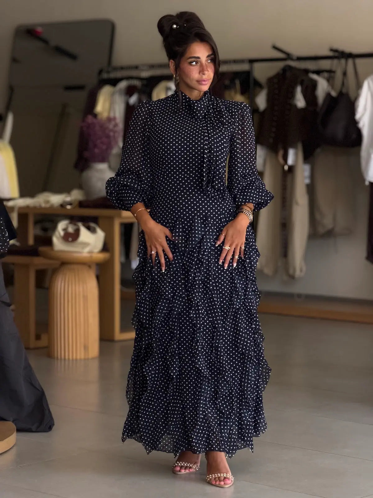 Polka dot tiered chiffon dress -Navy