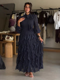 Polka dot tiered chiffon dress -Navy