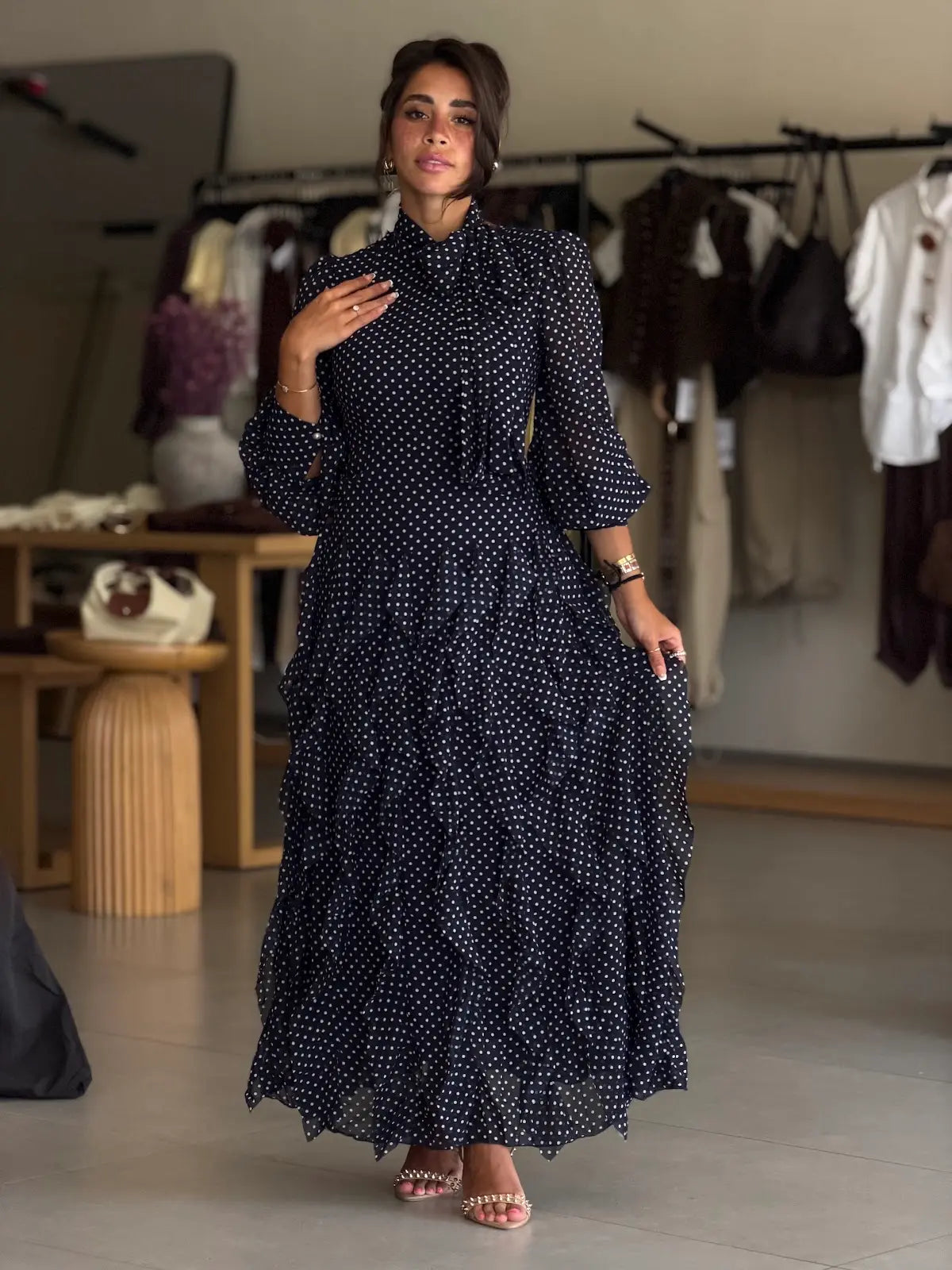 Polka dot tiered chiffon dress -Navy