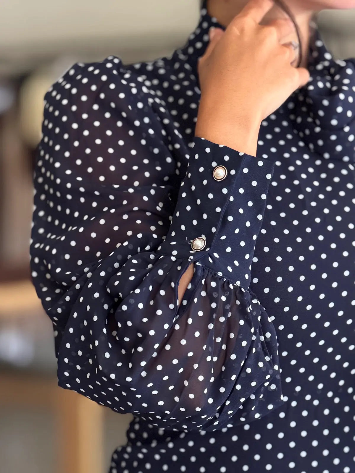 Polka dot tiered chiffon dress -Navy