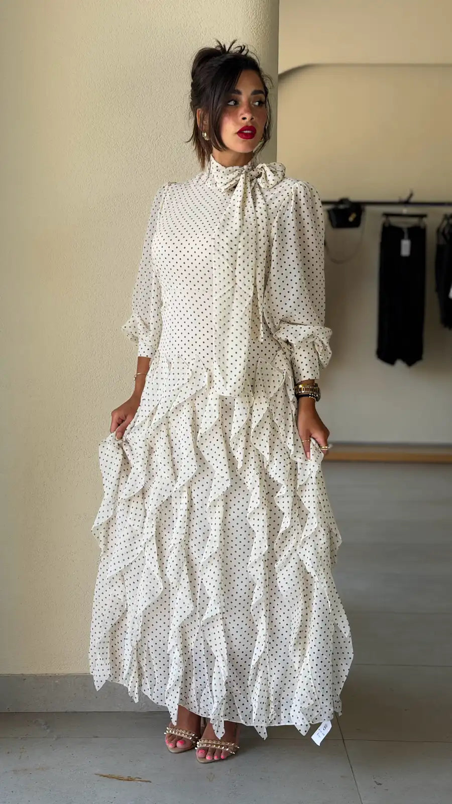 Polka dot tiered chiffon dress -Beige