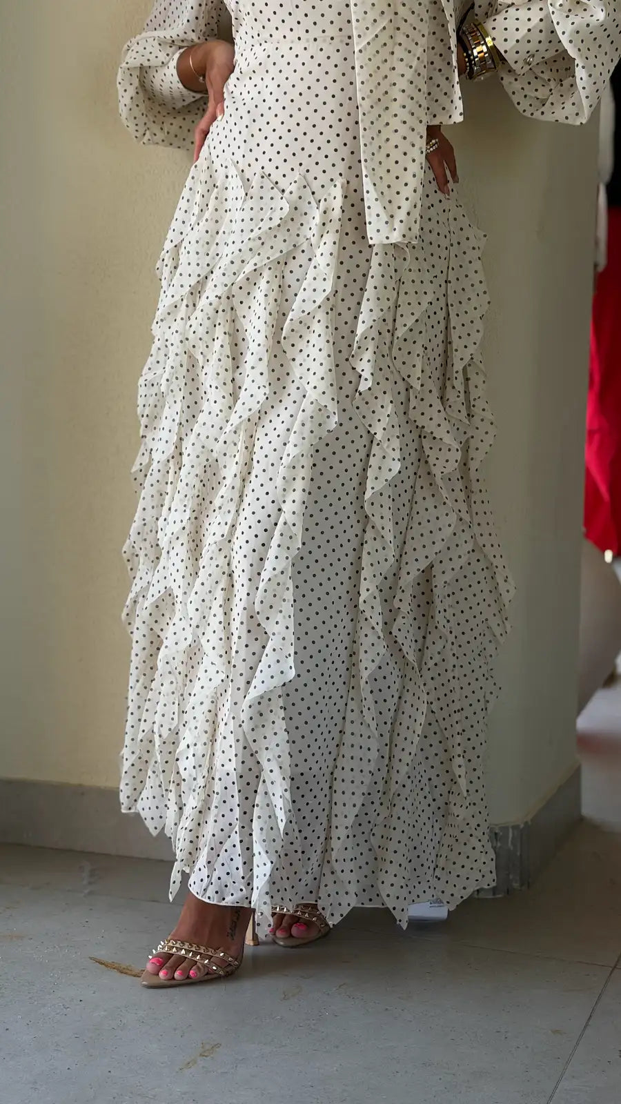 Polka dot tiered chiffon dress -Beige