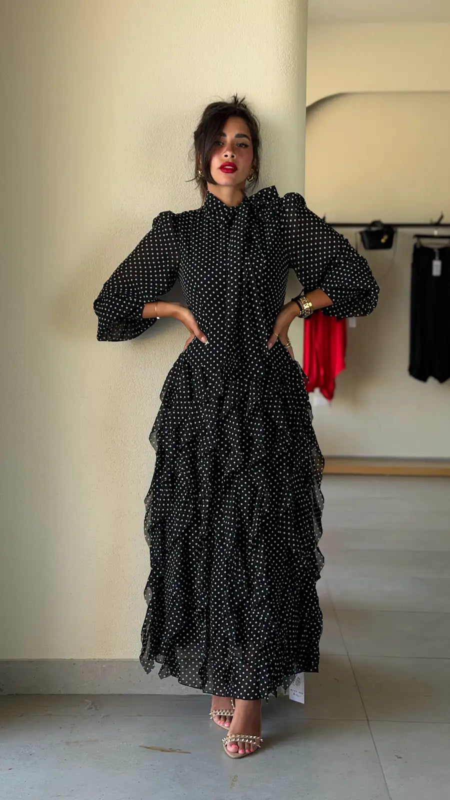 Polka dot tiered chiffon dress -BLACK