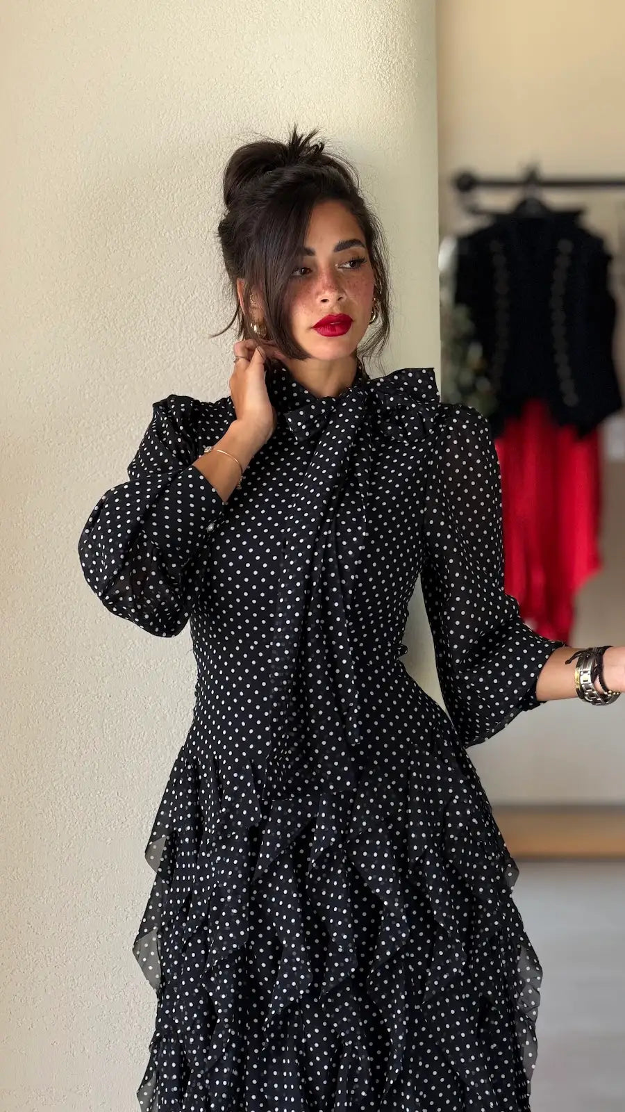 Polka dot tiered chiffon dress -BLACK