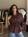 Ruffled Button-Up Shirt - brown
