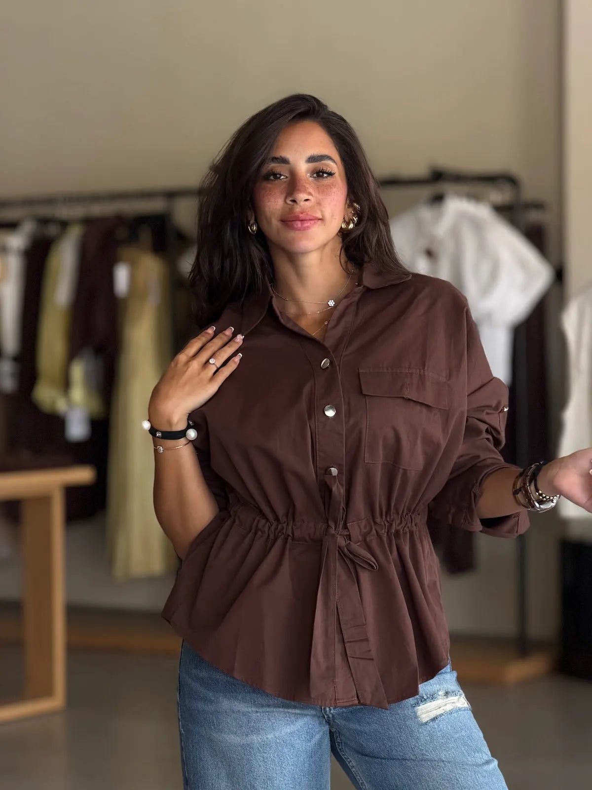 Ruffled Button-Up Shirt - brown
