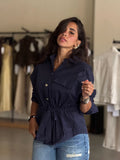 Ruffled Button-Up Shirt - navy