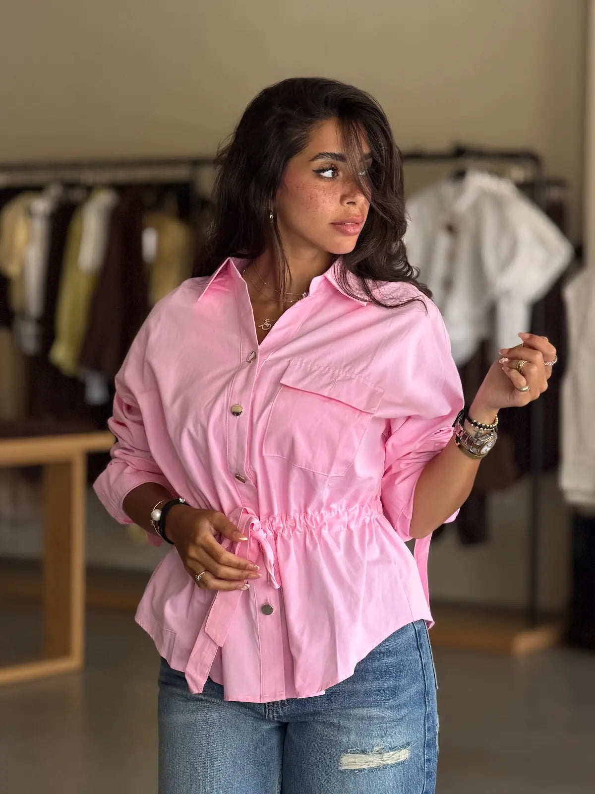 Ruffled Button-Up Shirt - pink