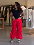 Foldover Waist Parachute Pants- red