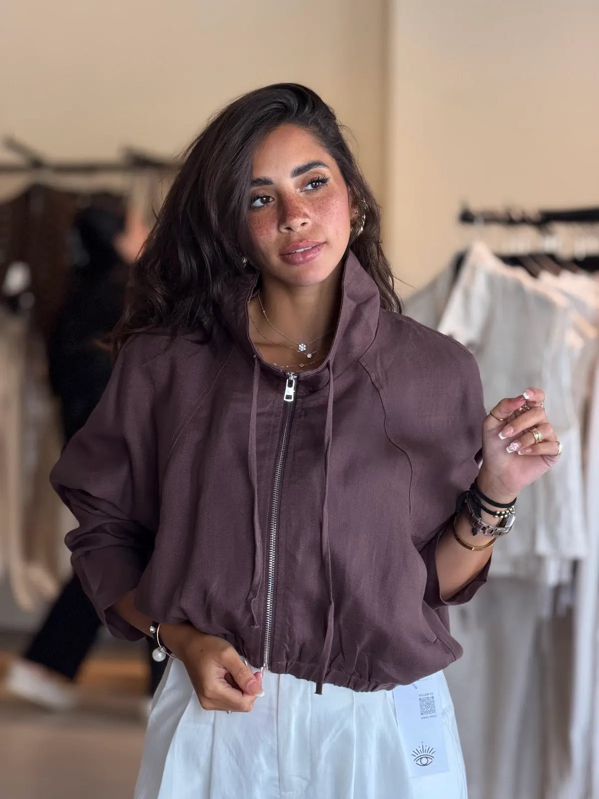 bright brown zip-front jacket