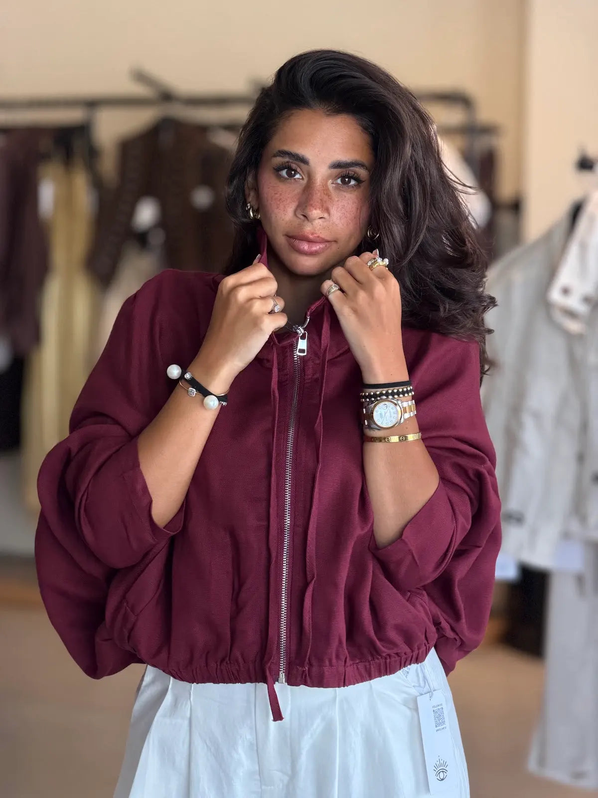 bright burgundy zip-front jacket