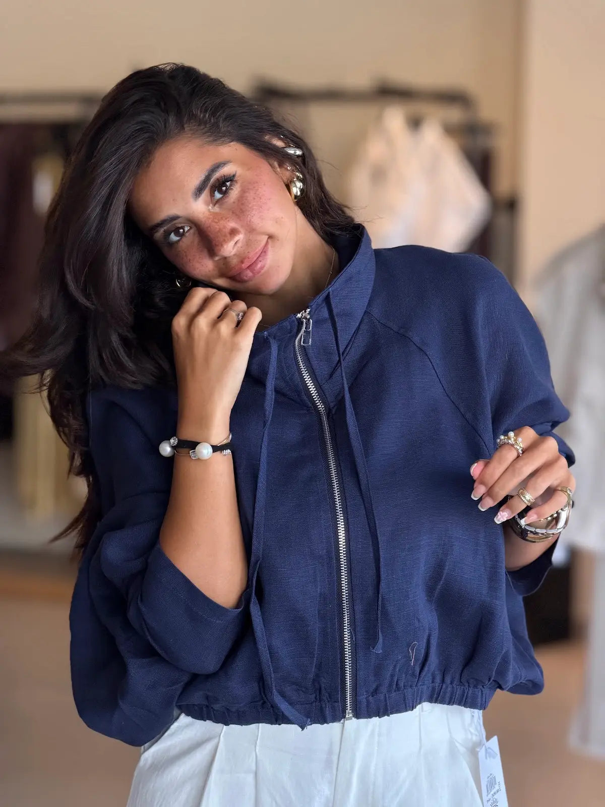 bright navy zip-front jacket