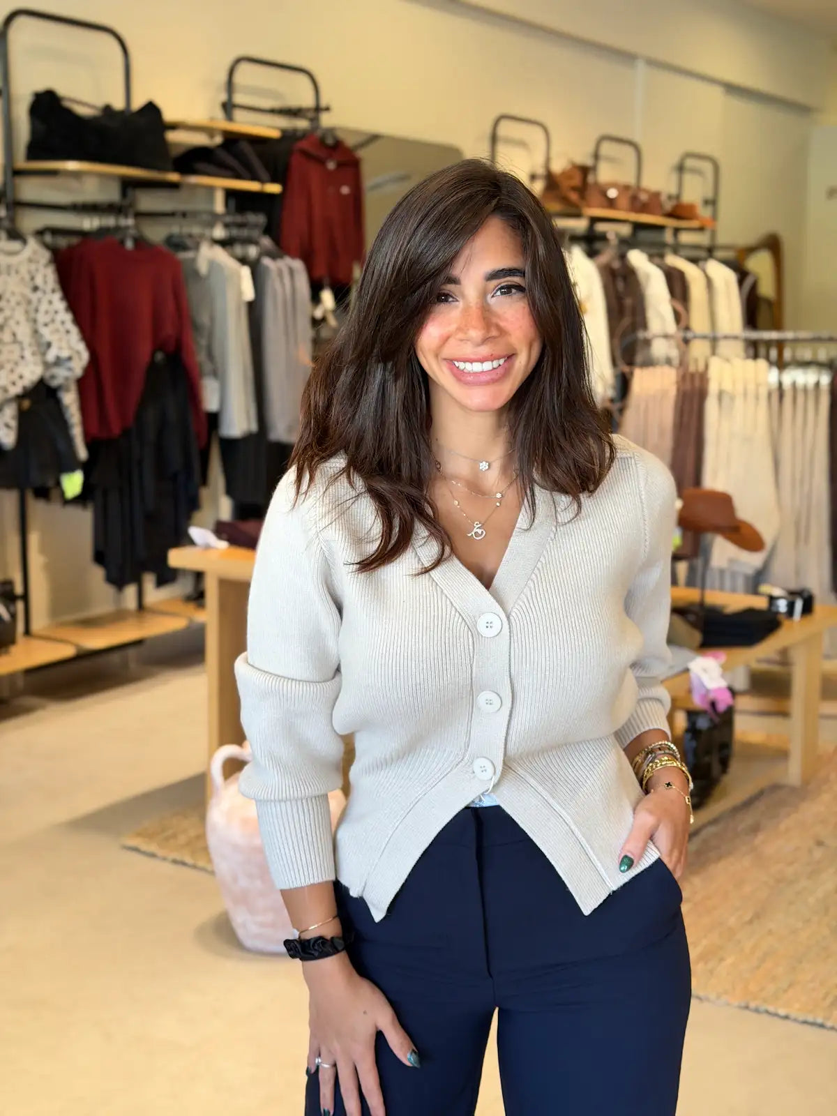 Plain Button Cardigan -  Beige