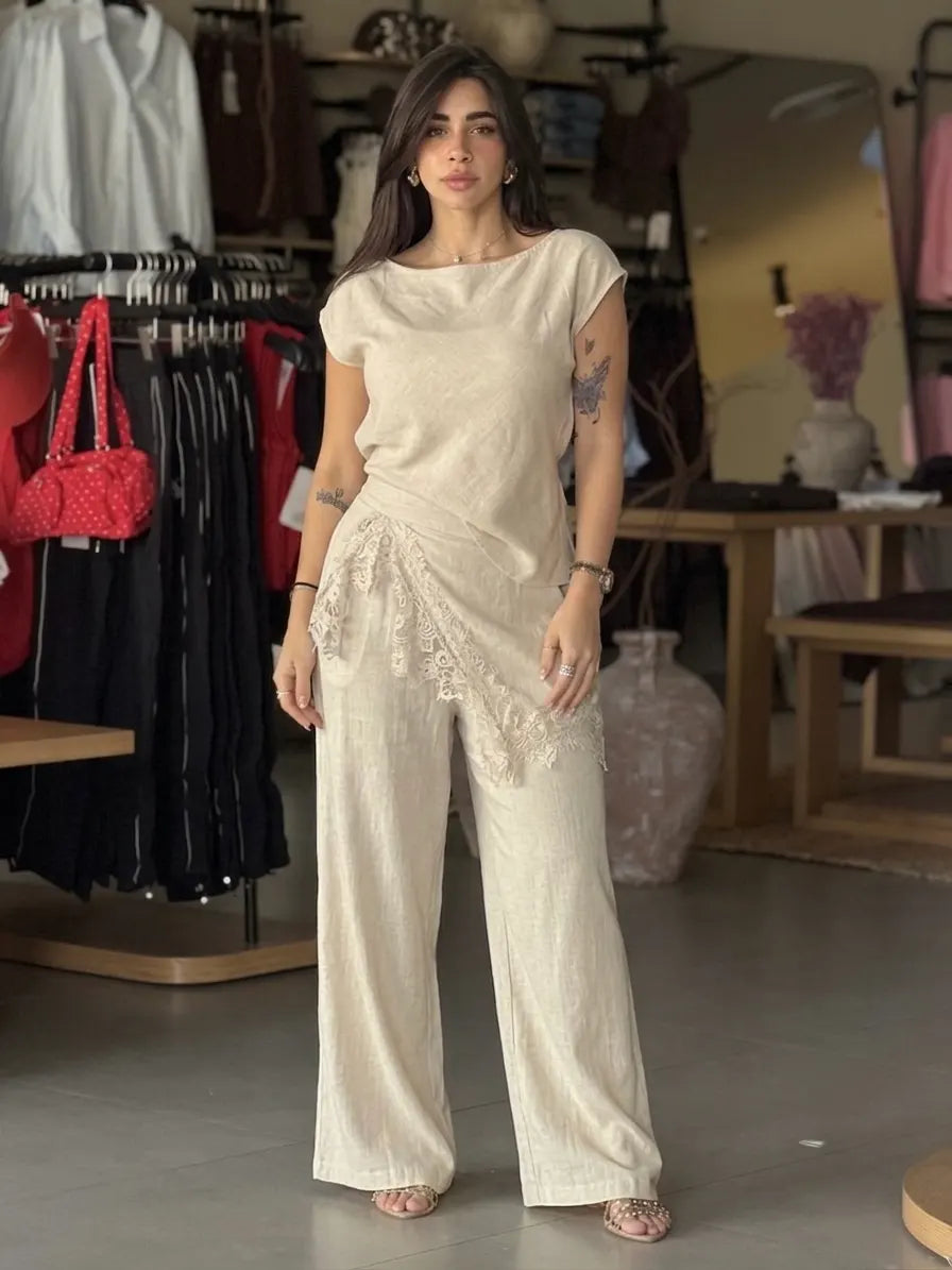 Casual Tee Set - Beige