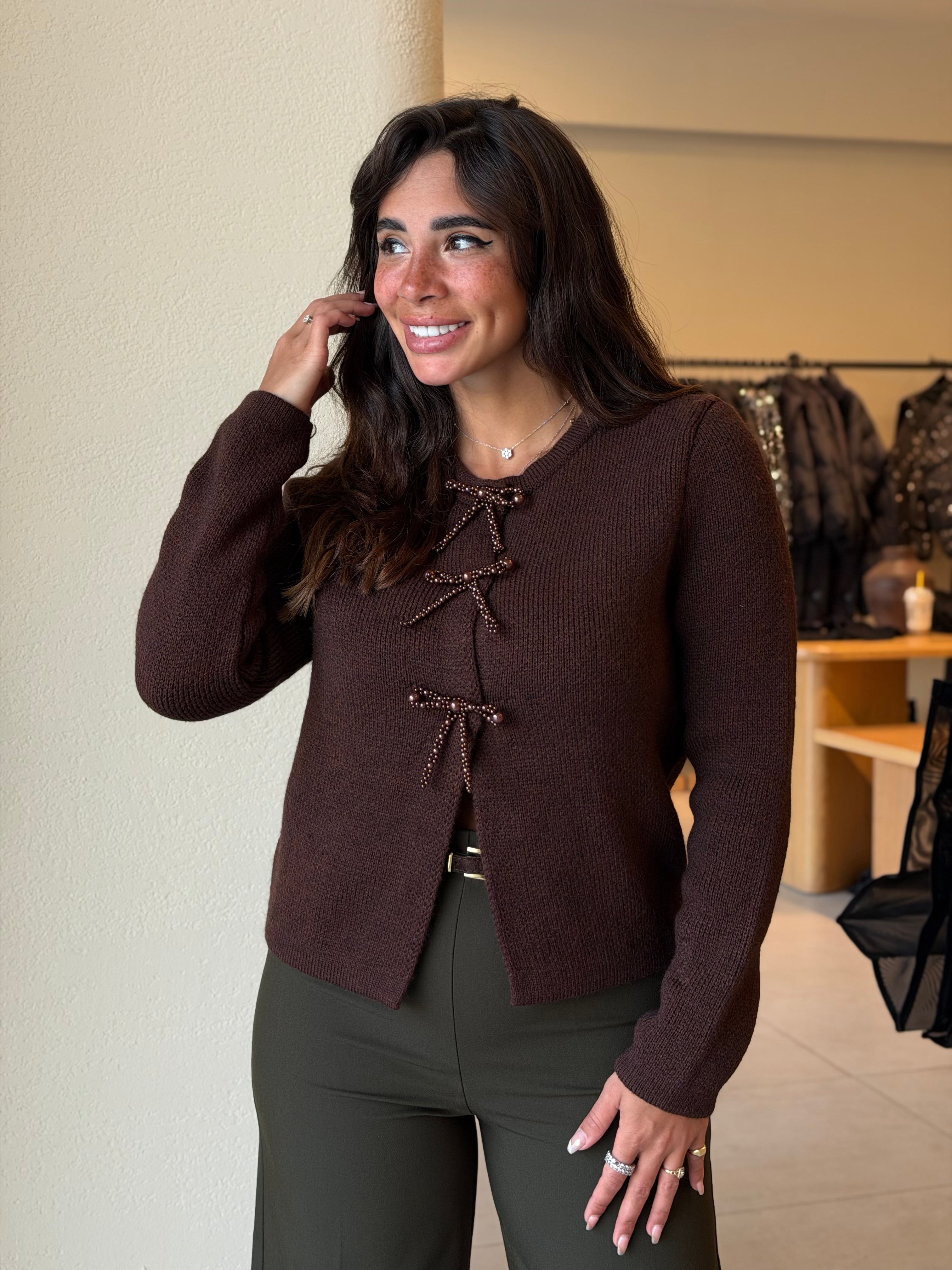 Pearl-Bow Knit Cardigan