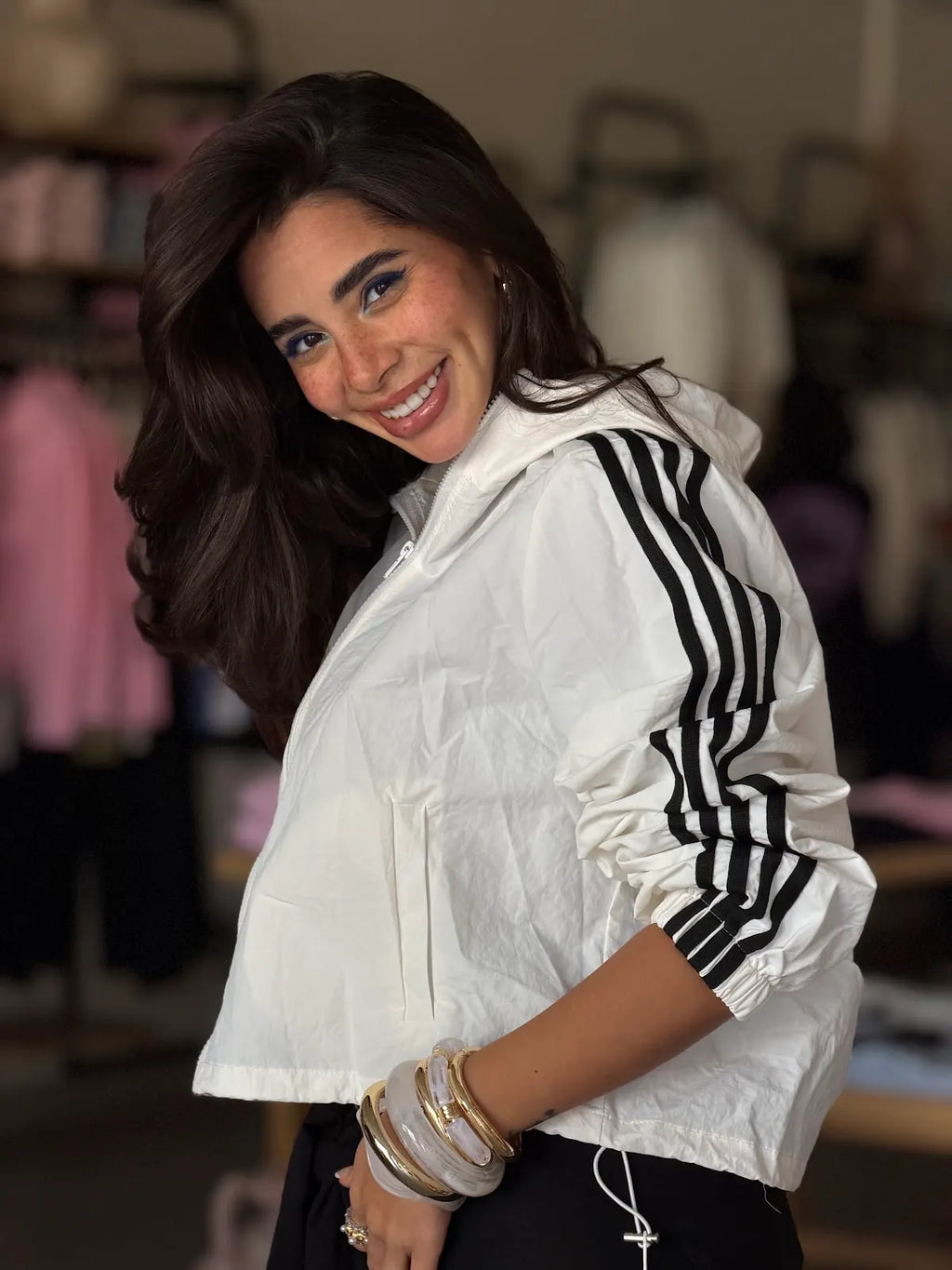White Jacket with Black Striped Sleeves