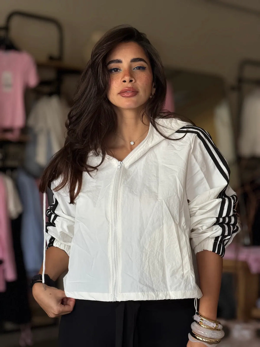 White Jacket with Black Striped Sleeves