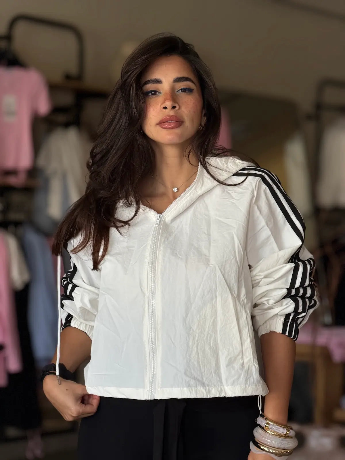 White Jacket with Black Striped Sleeves