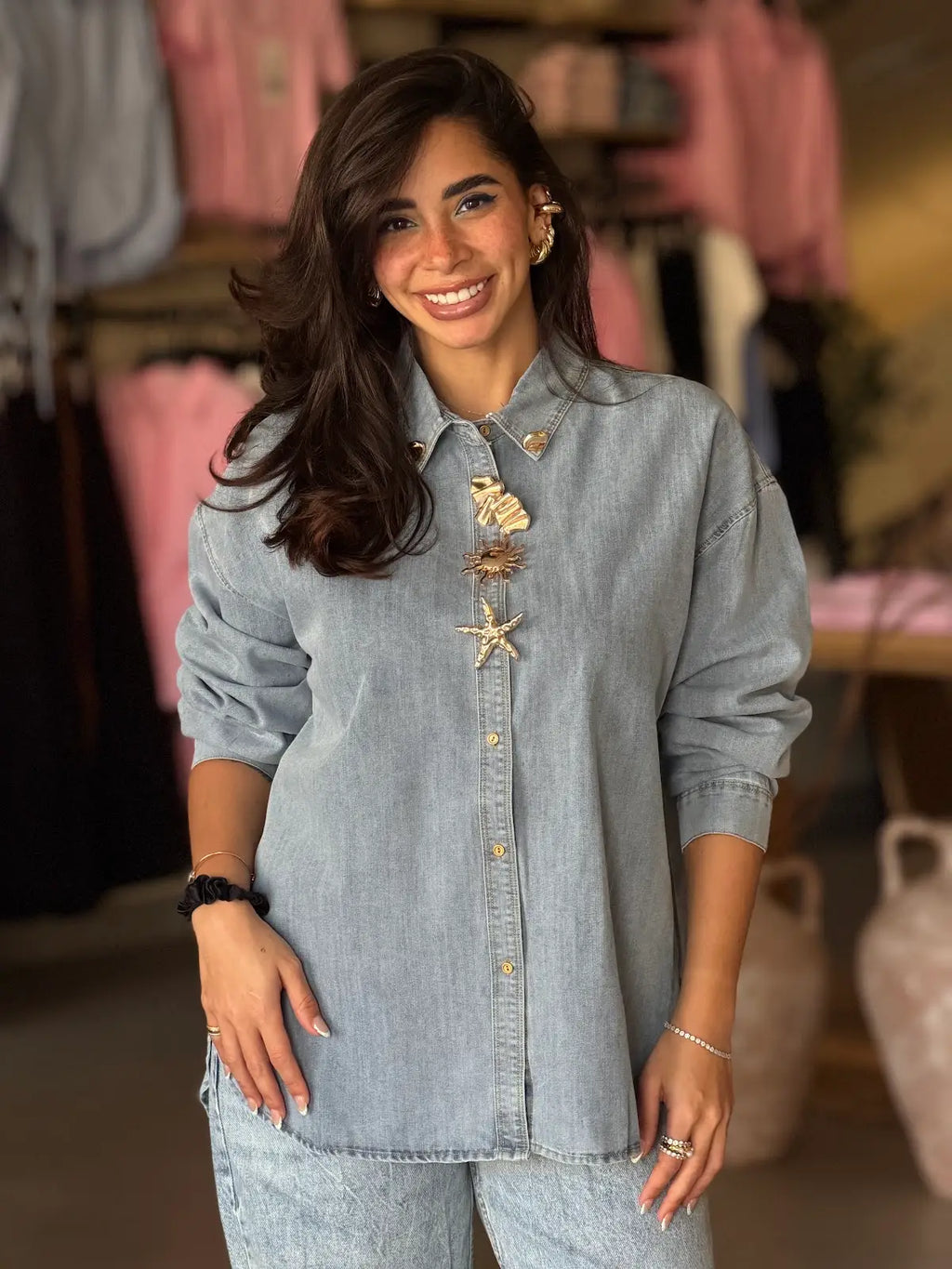 Denim Shirt with Gold Accessory