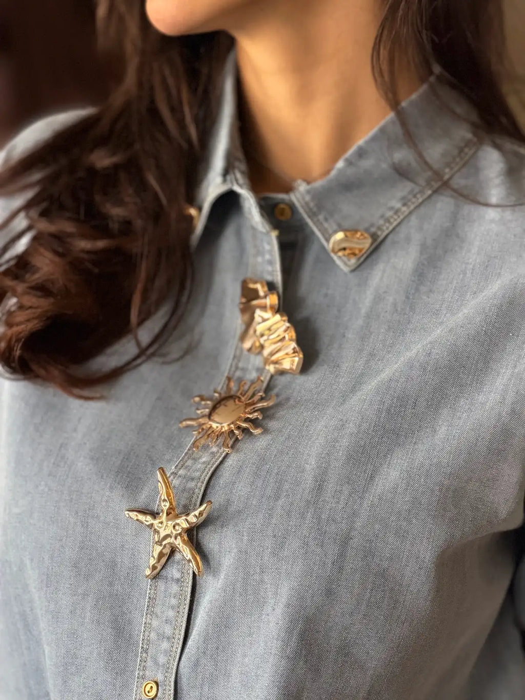 Denim Shirt with Gold Accessory