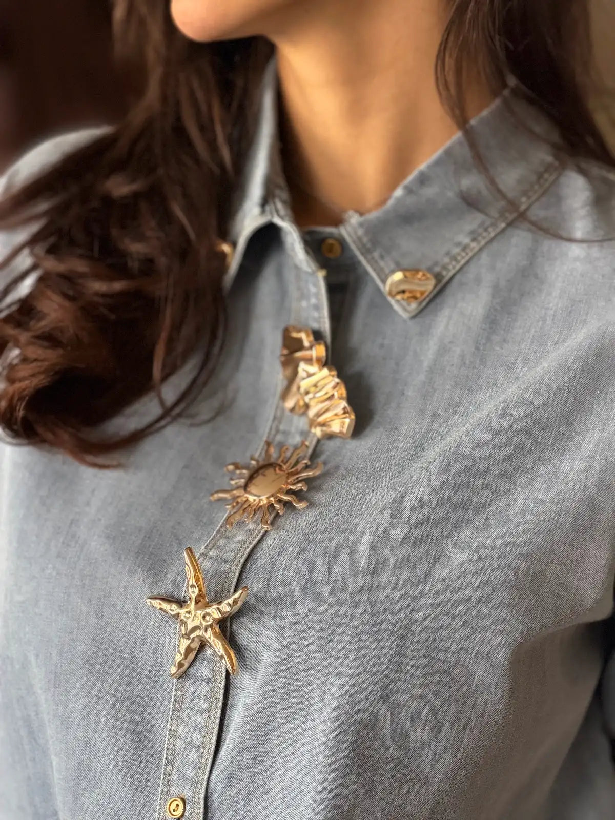 Denim Shirt with Gold Accessory