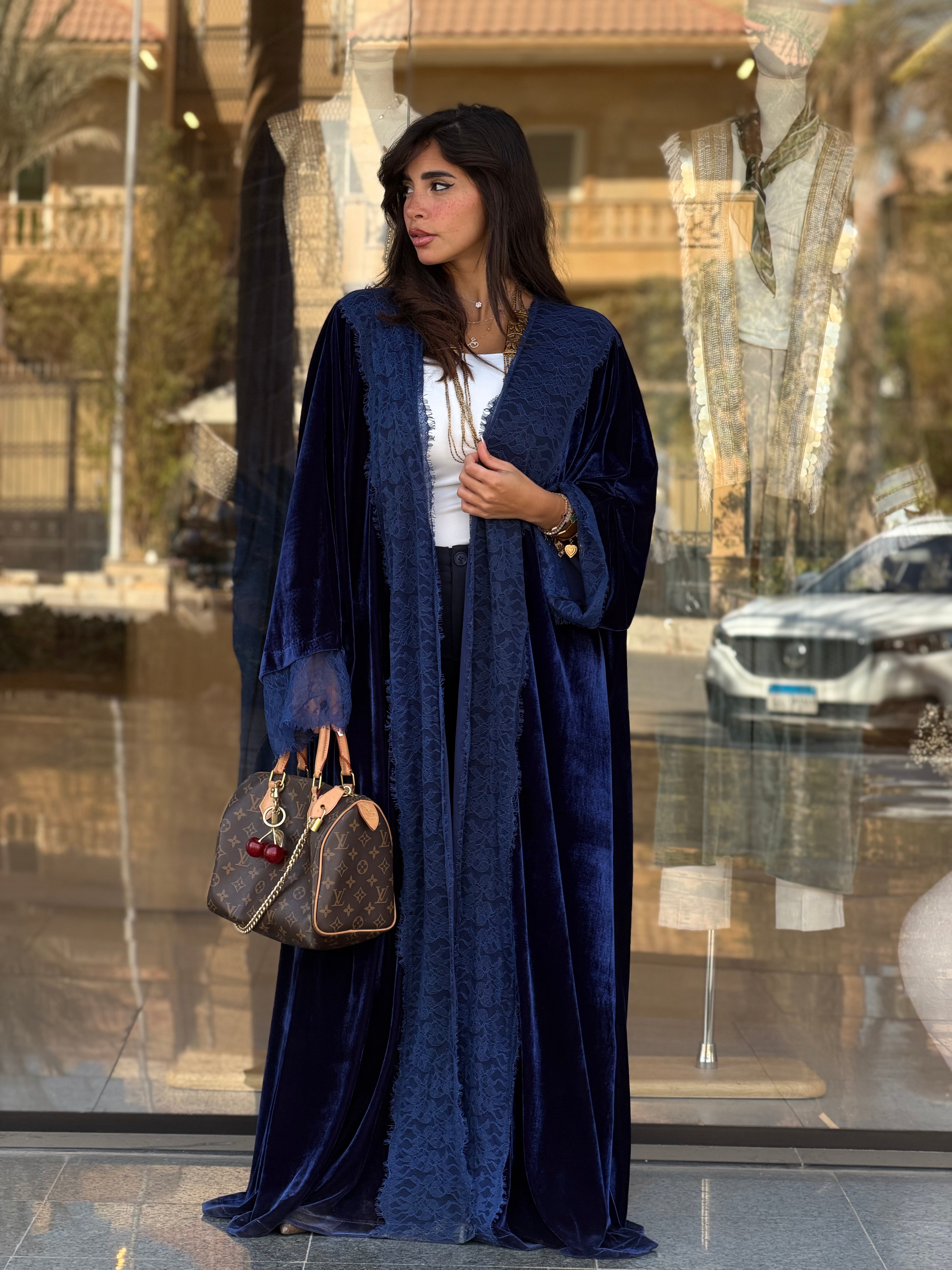 French lace velvet abaya-Navy