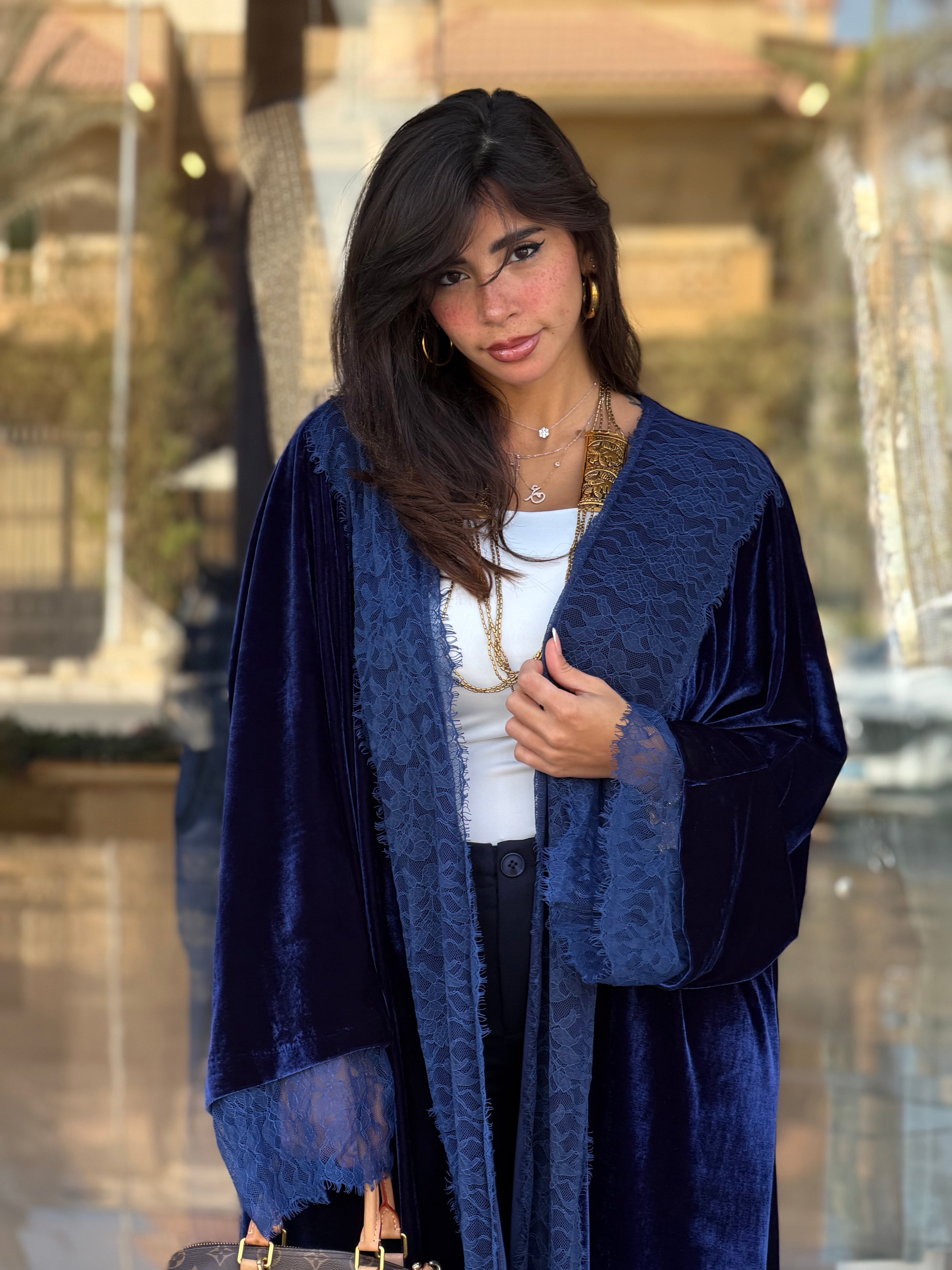 French lace velvet abaya-Navy