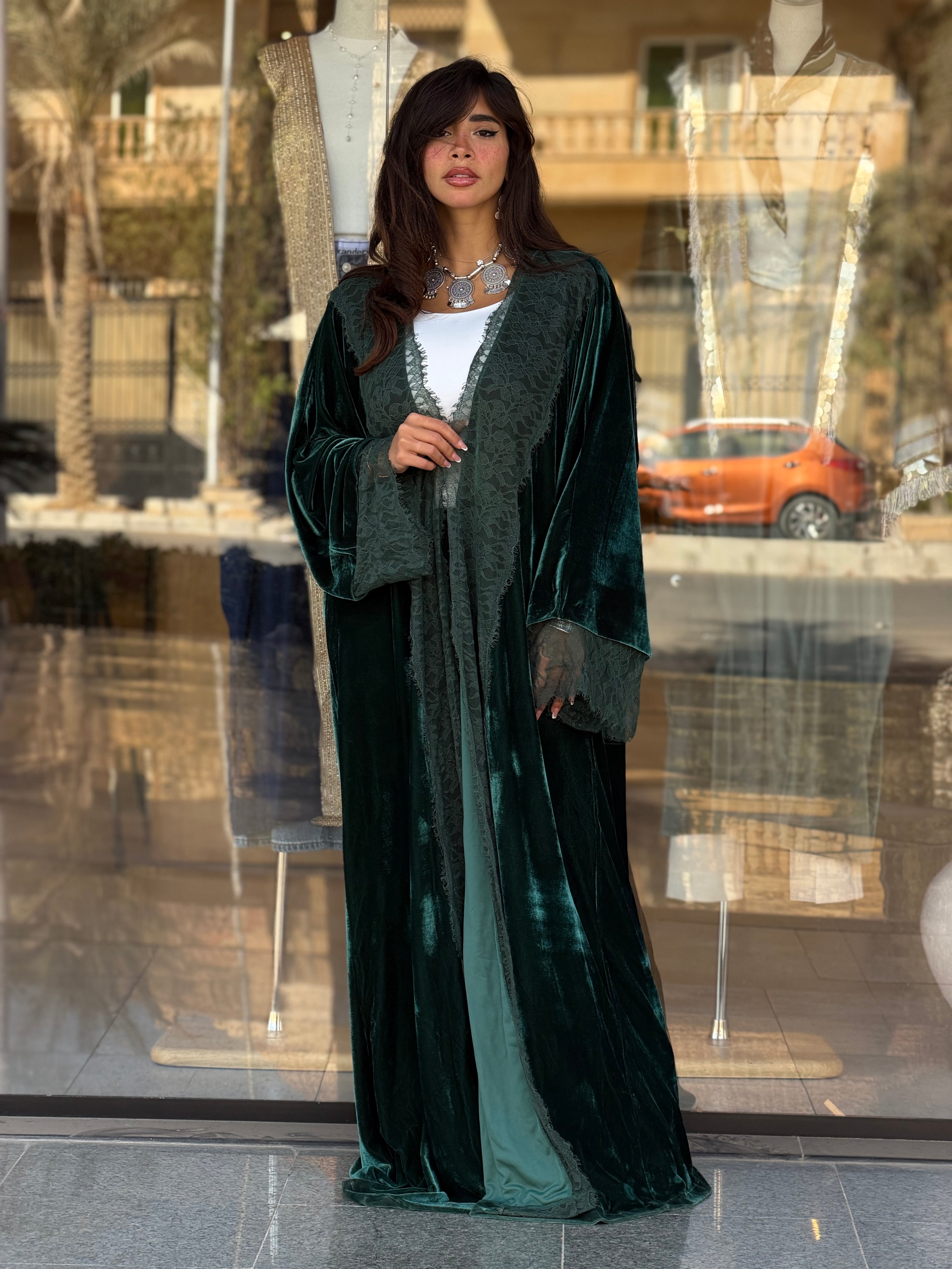 French lace velvet abaya-Emerald green
