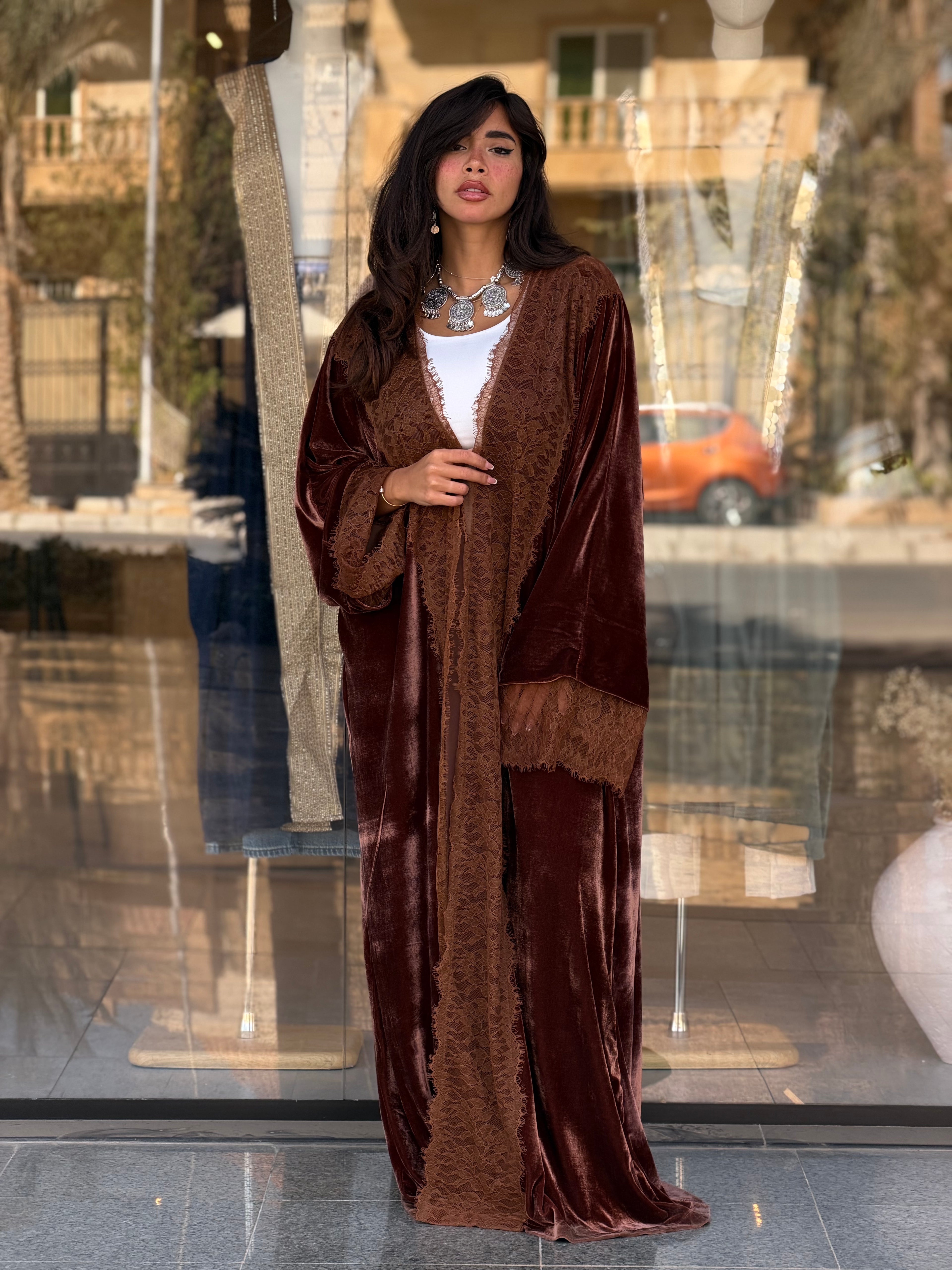 French lace velvet abaya-Brown