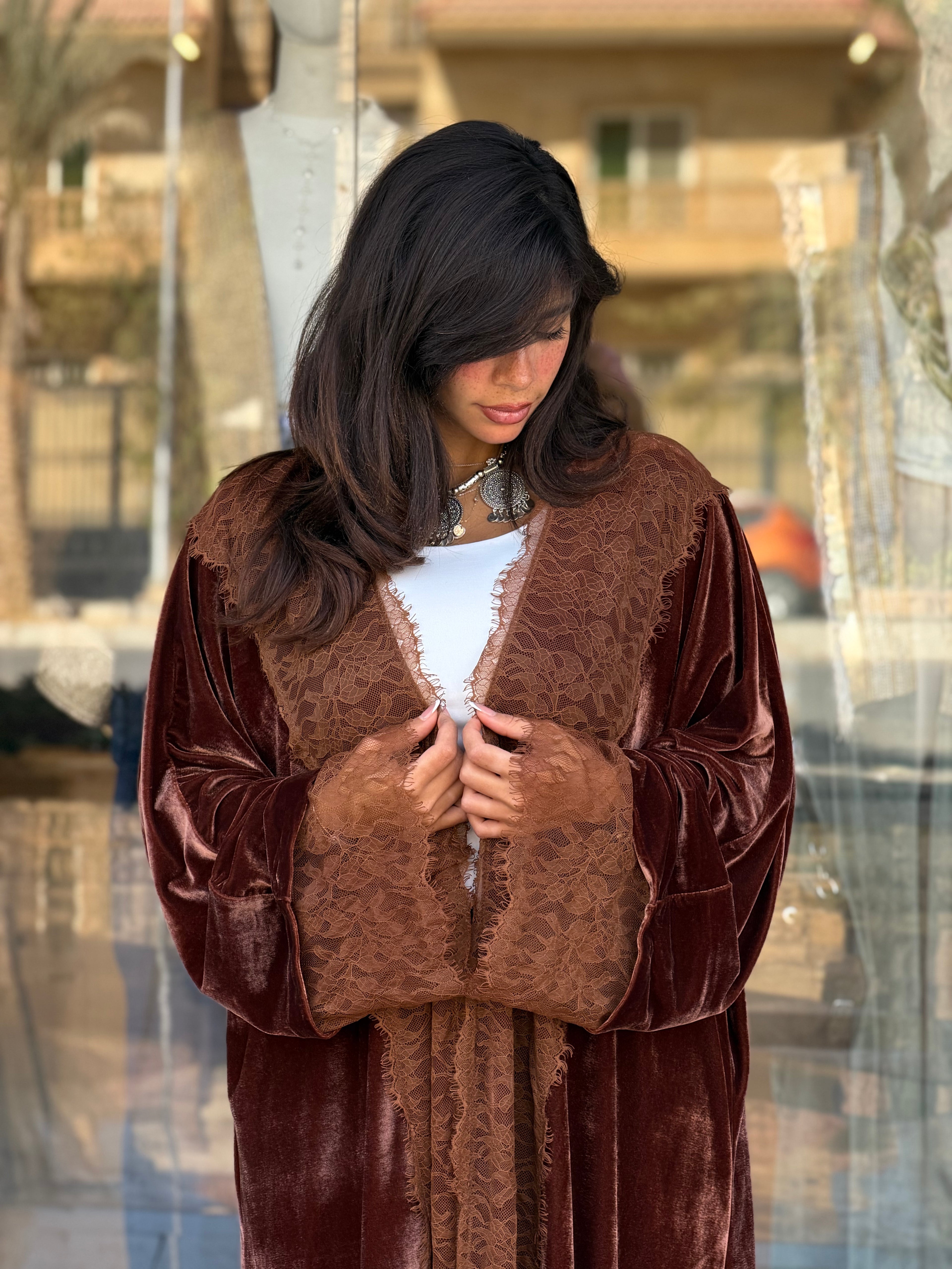 French lace velvet abaya-Brown