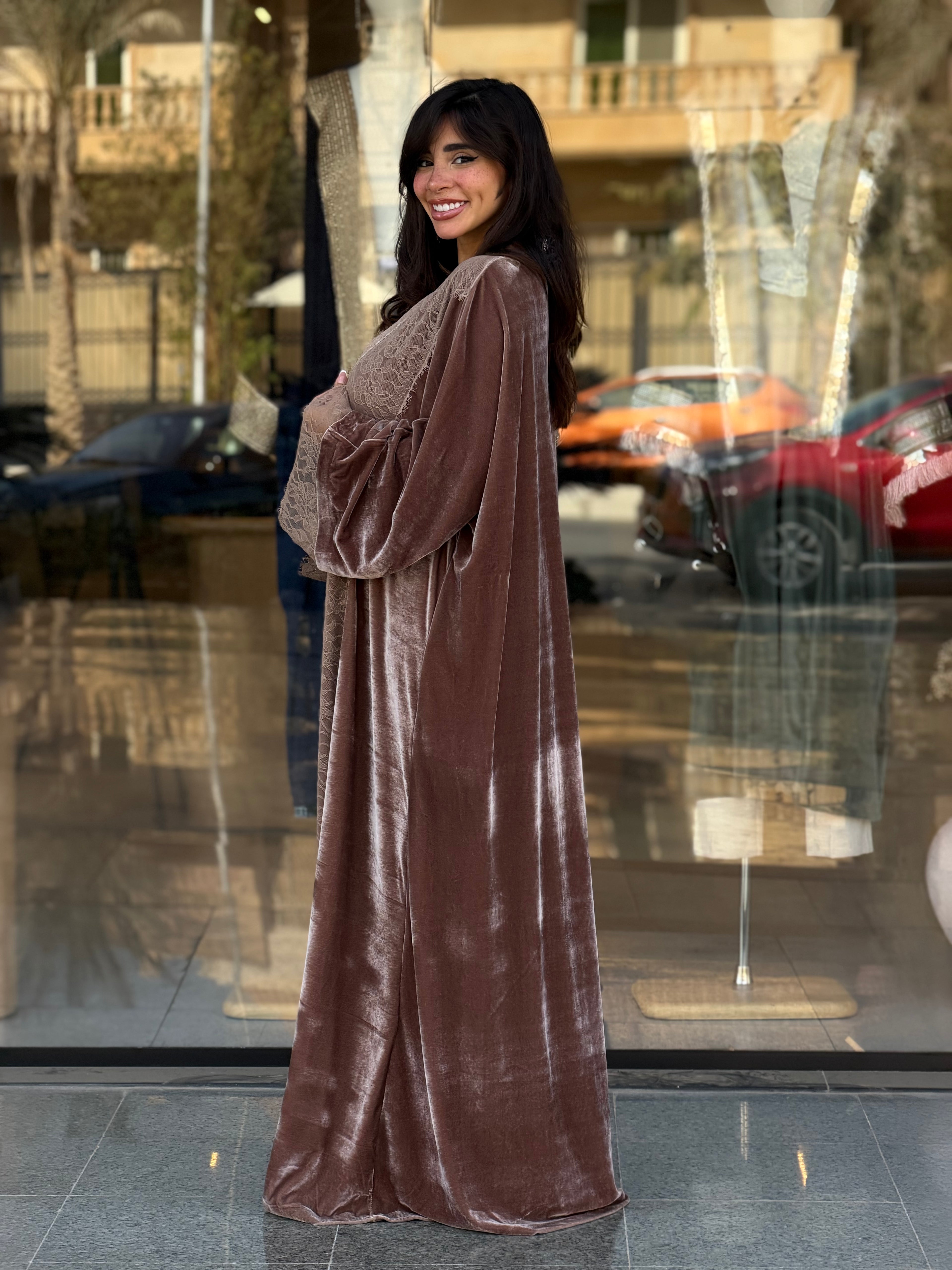 French lace velvet abaya-Beige