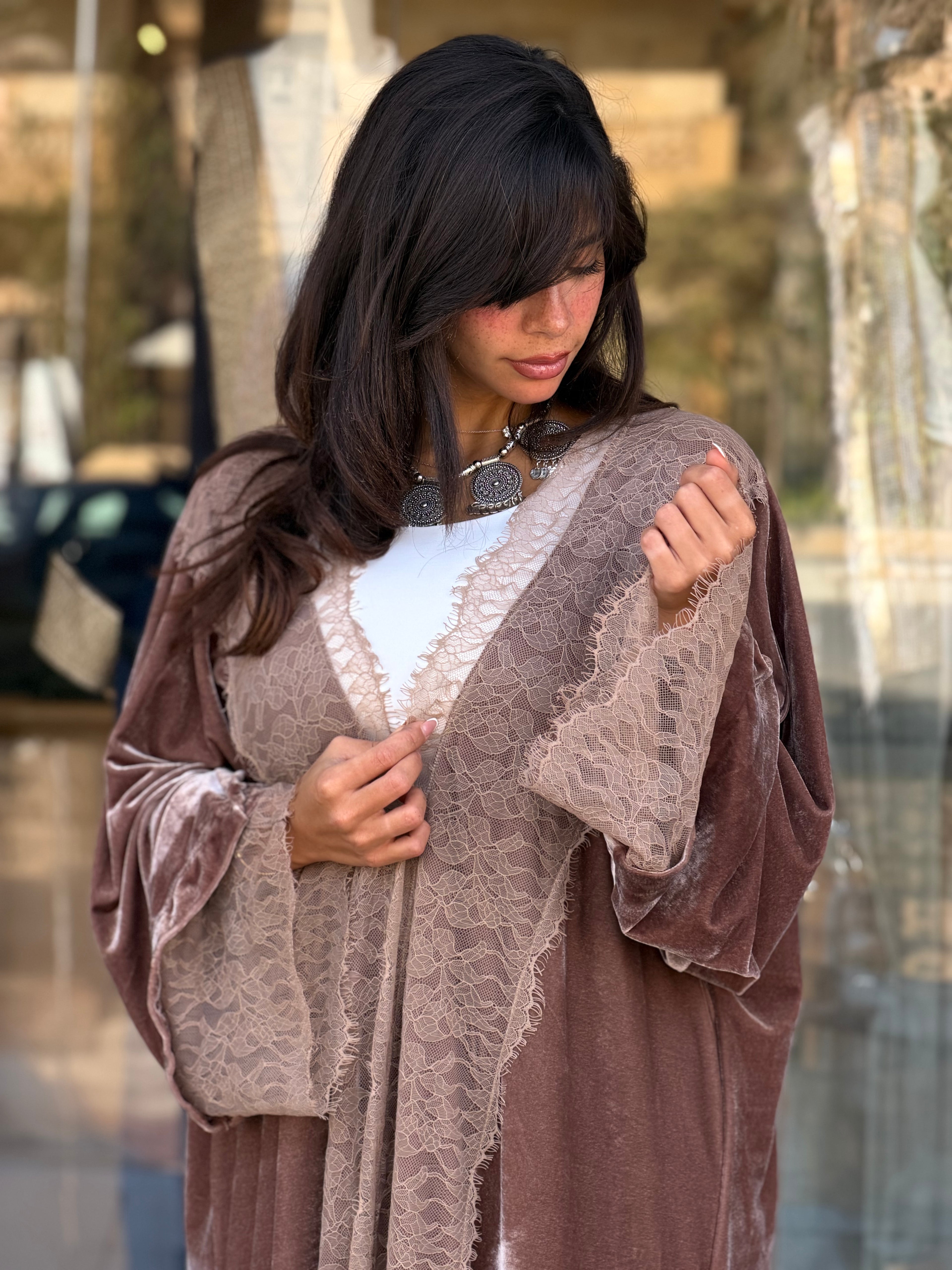 French lace velvet abaya-Beige