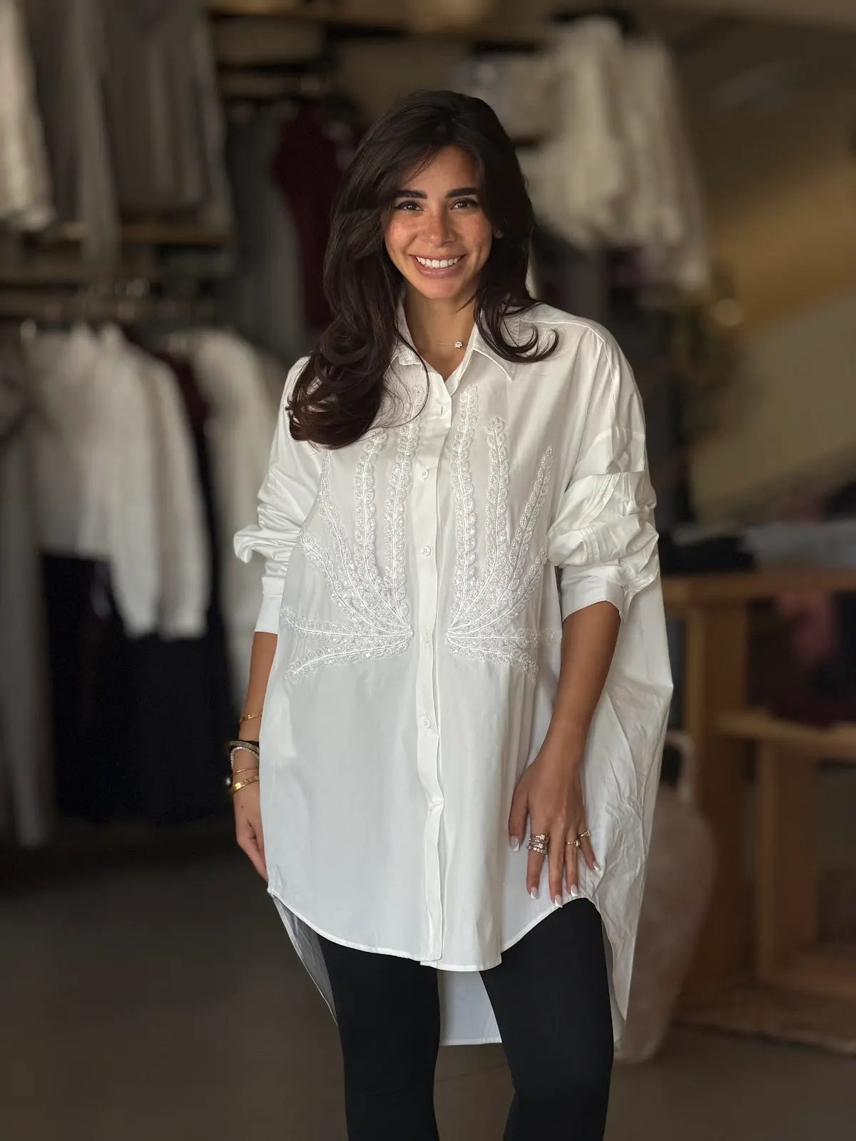 Plain White Shirt with Branch Pattern Detail