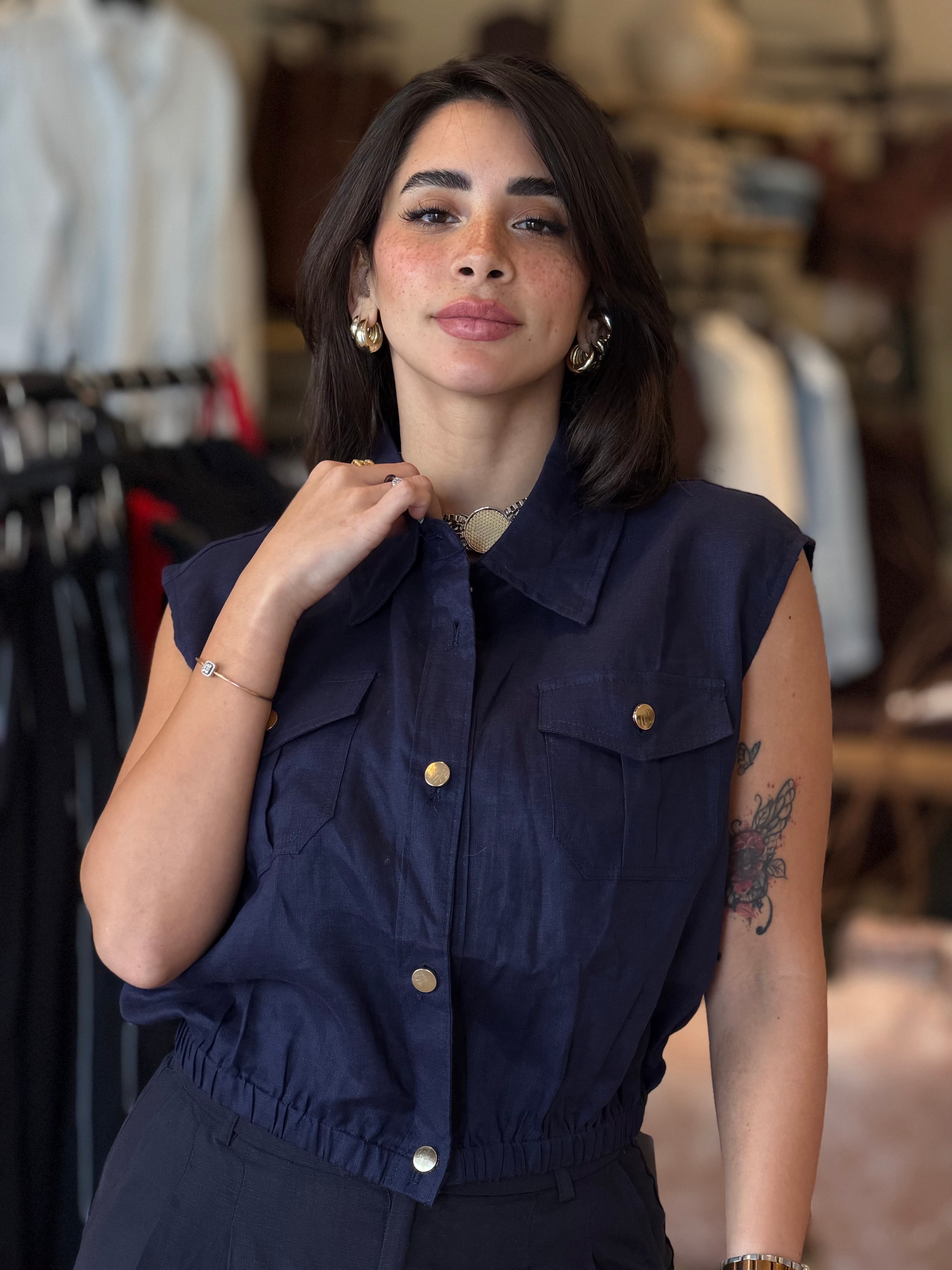 Linen Vest - Blue