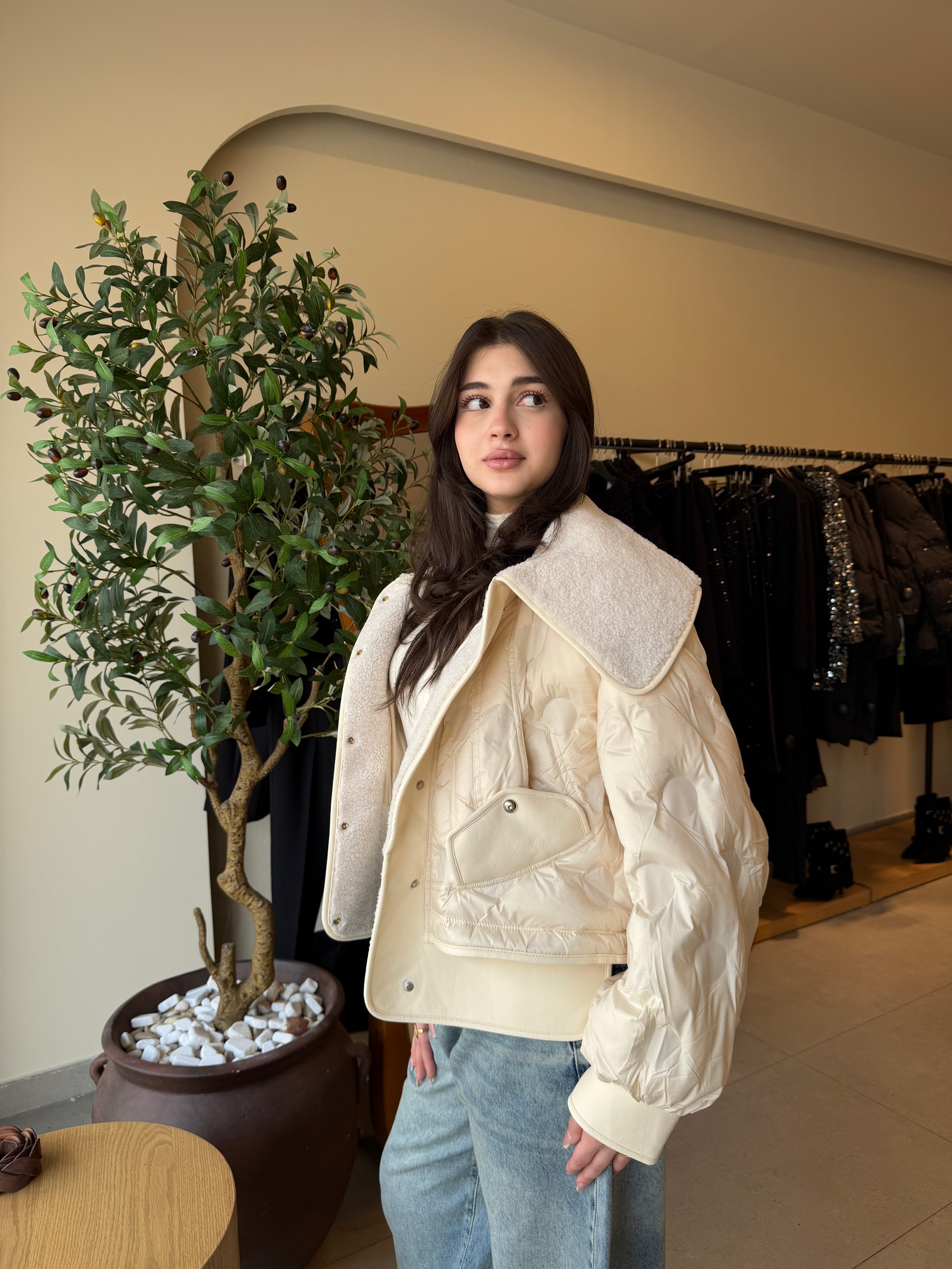 The Leather-Trim Bomber -  Beige