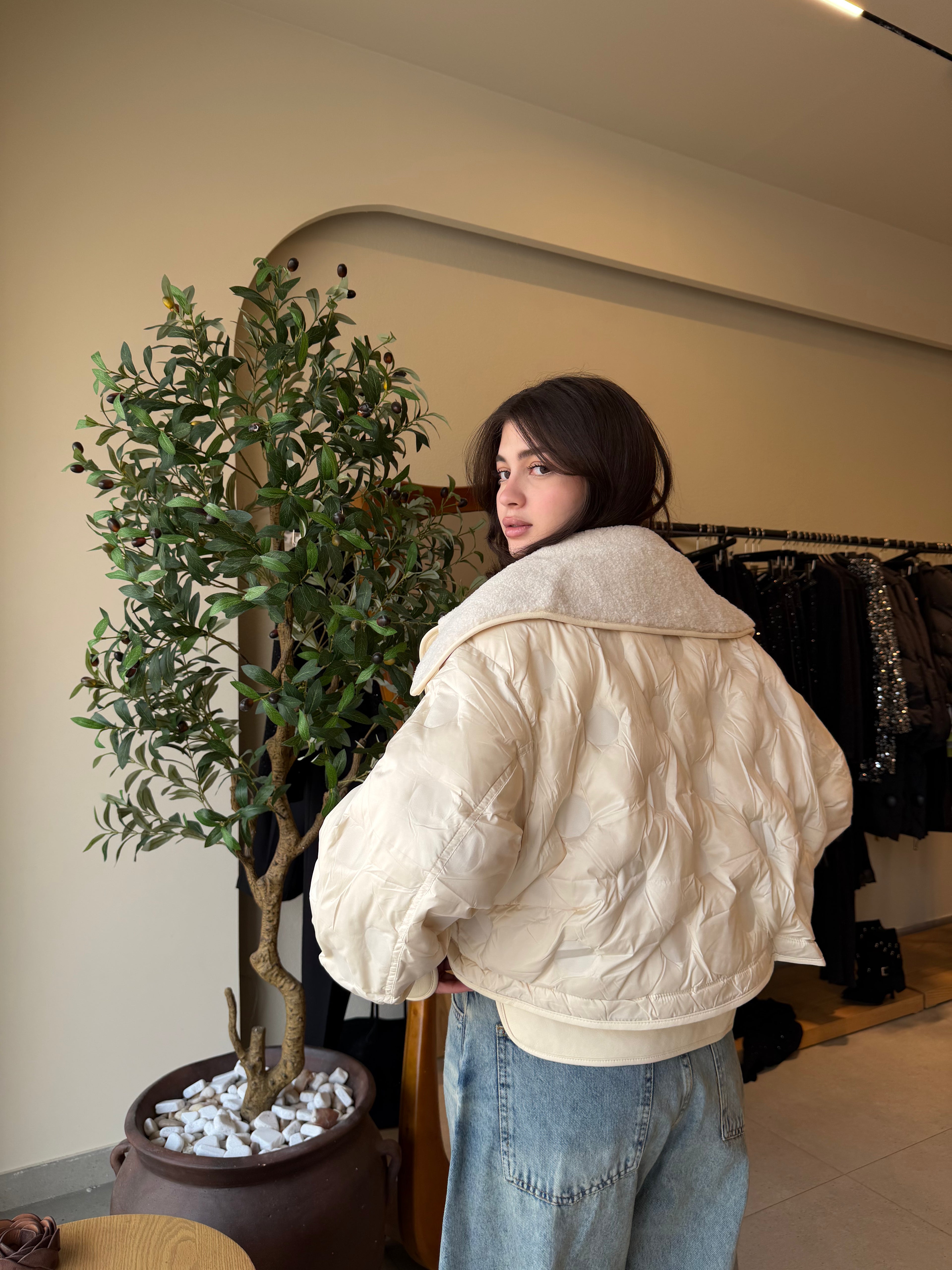 The Leather-Trim Bomber -  Beige