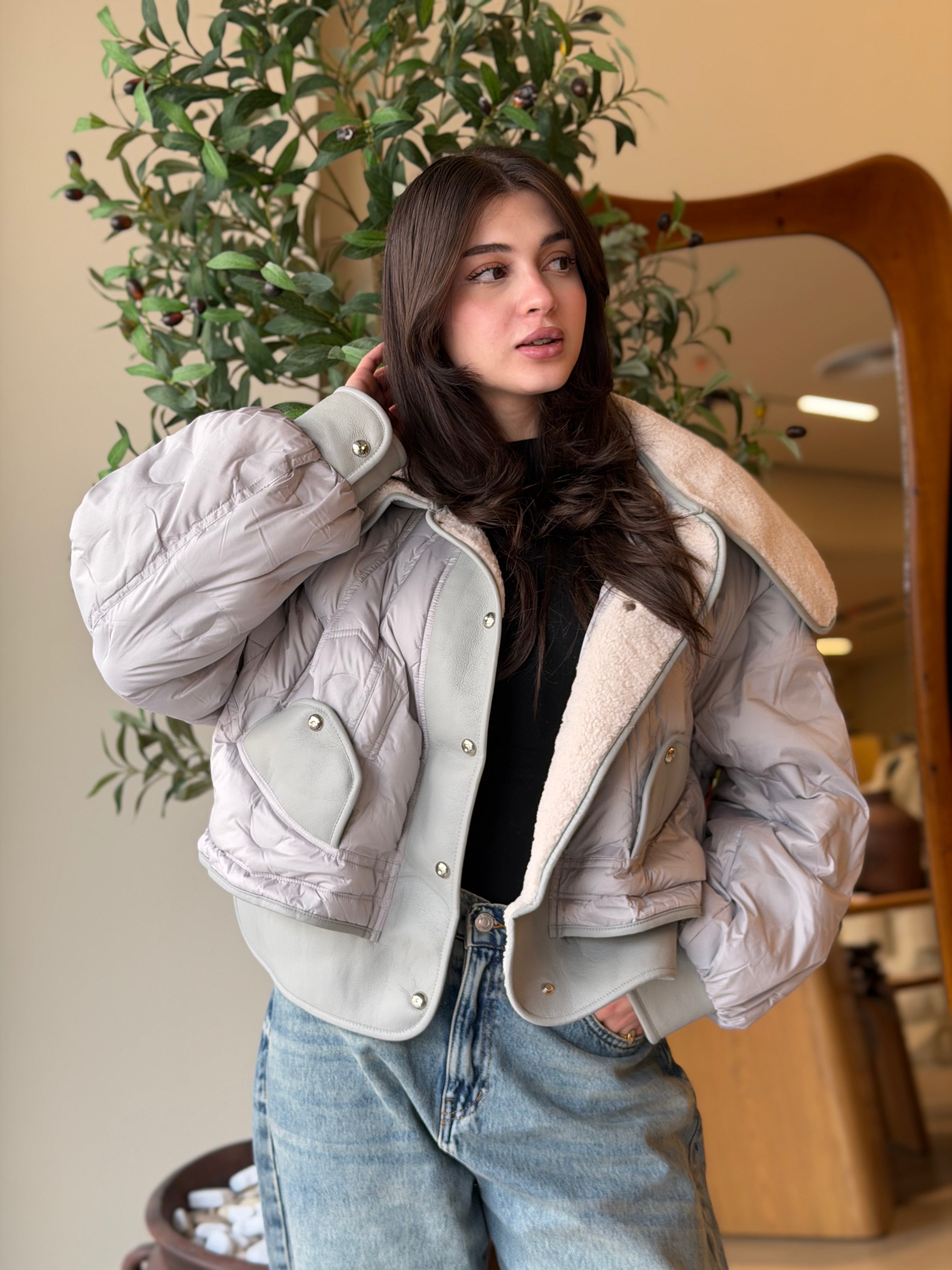 The Leather-Trim Bomber -  Grey