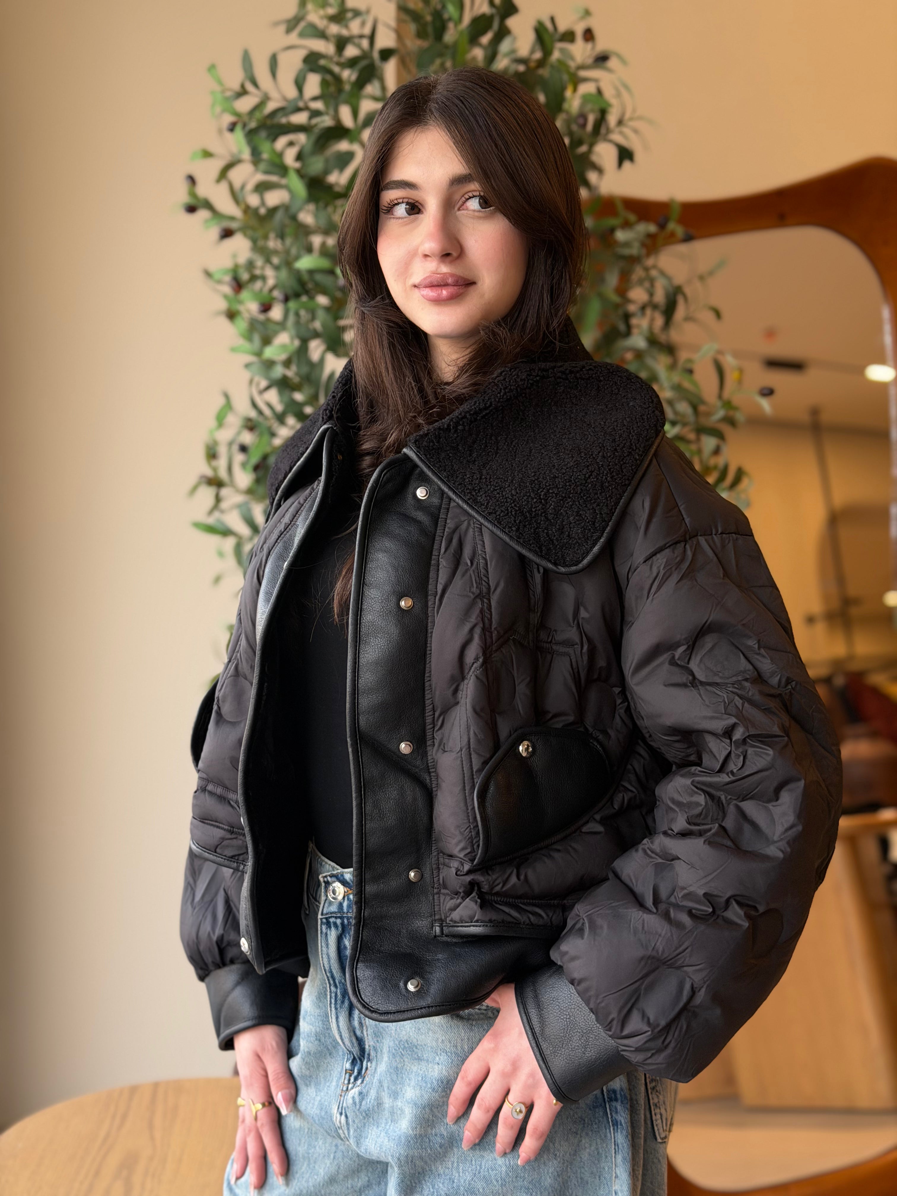 The Leather-Trim Bomber -  Black