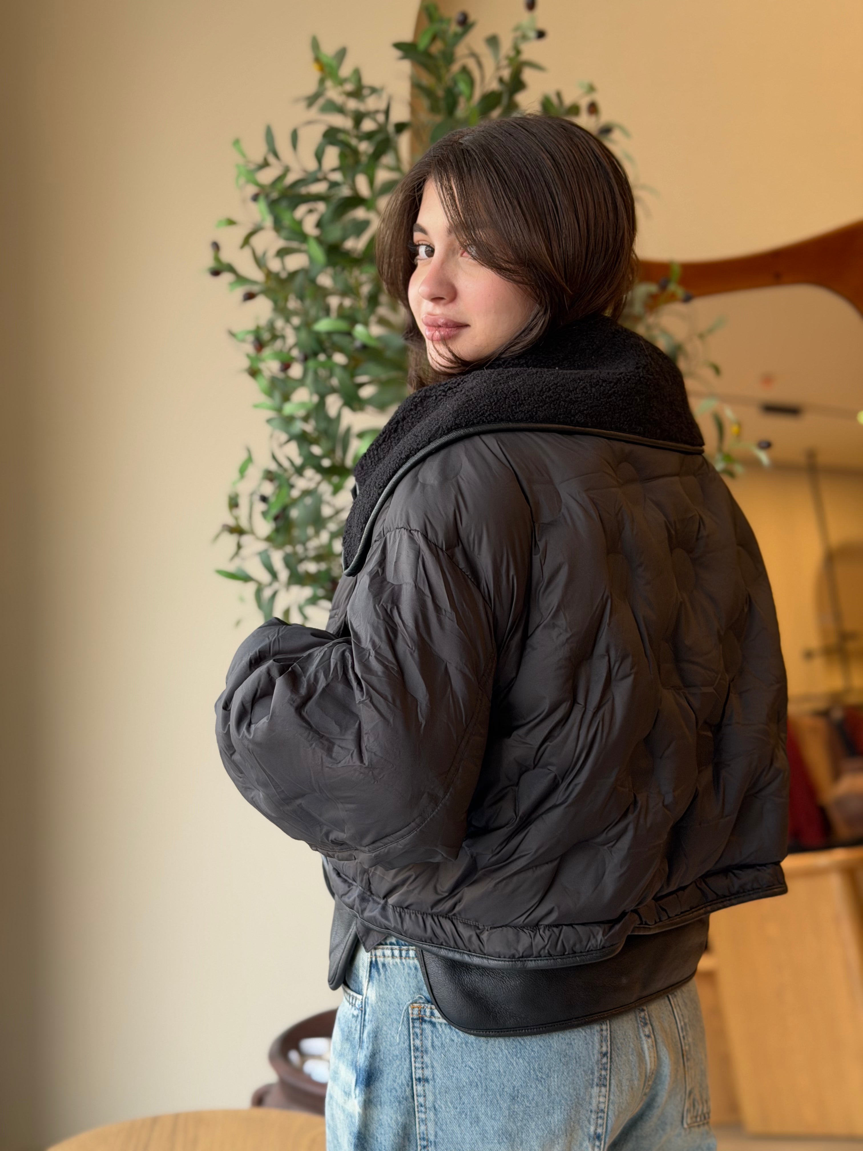 The Leather-Trim Bomber -  Black