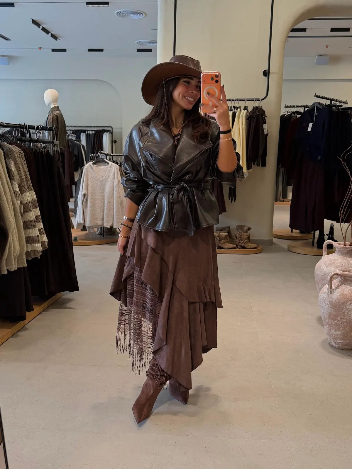 Fleeced leather jacket - Brown