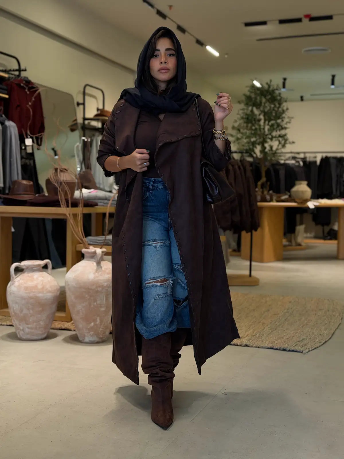 Long Suede Coat with Tie